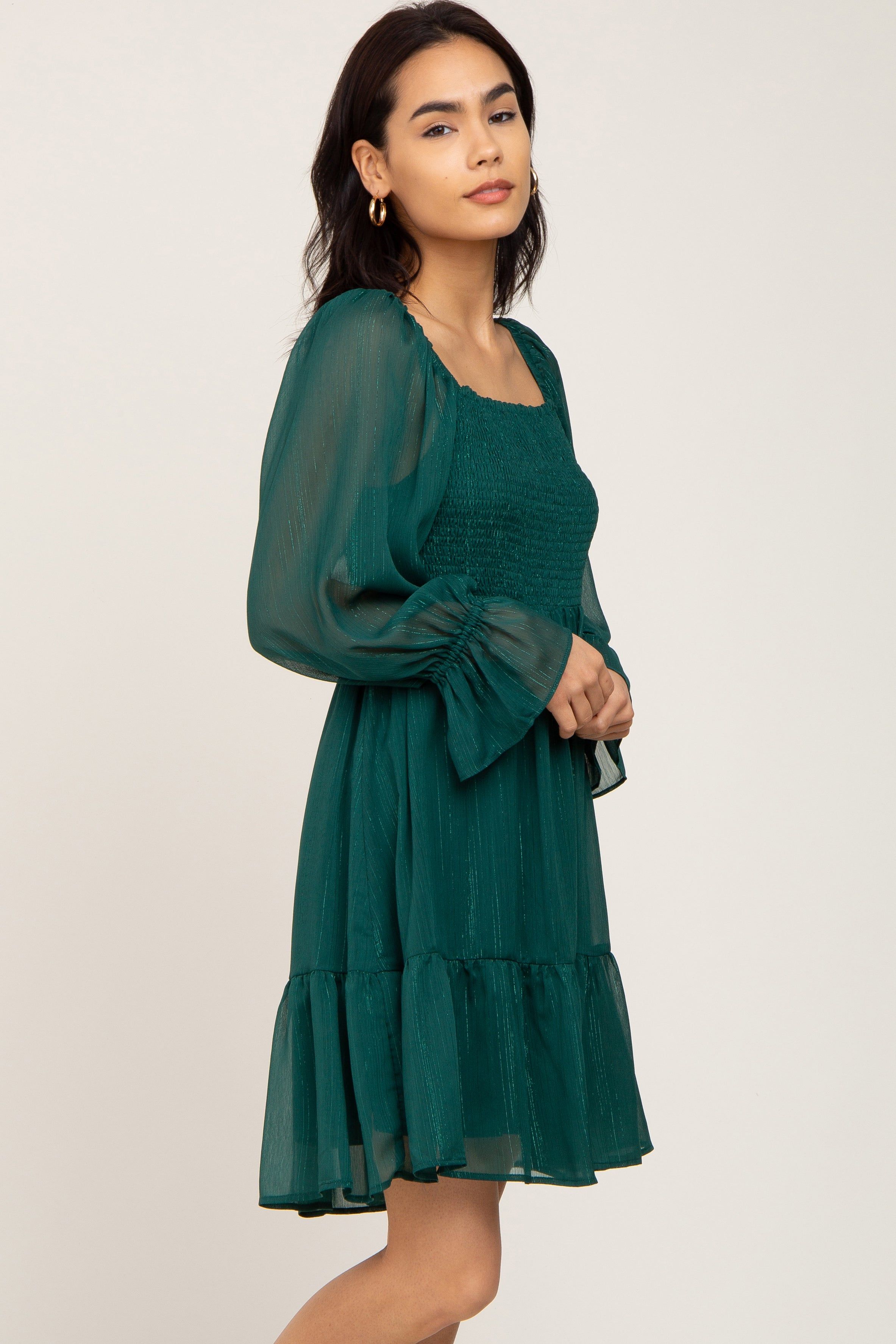 Forest Green Metallic Stripe Smocked Dress sold by Pinkblush product image thumbnail 2