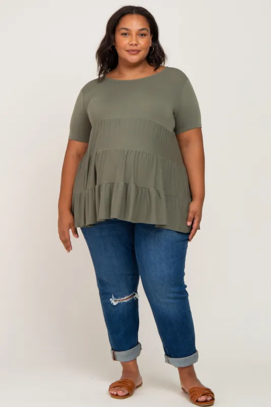 Olive Tiered Maternity Plus Short Sleeve Top sold by Pinkblush