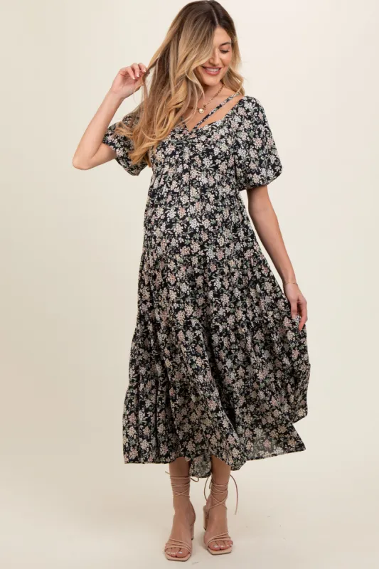 Black Floral Ruched Strappy V-Neck Front Puff Short Sleeve Maternity Midi Dress sold by Pinkblush