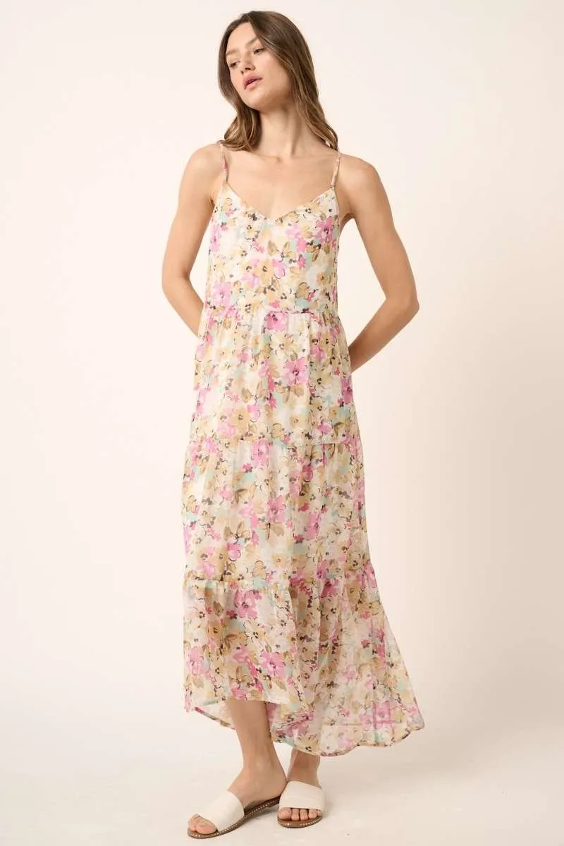 Ivory Flower Print V Neck Ruffle Tier Detail Maxi Dress sold by Pinkblush