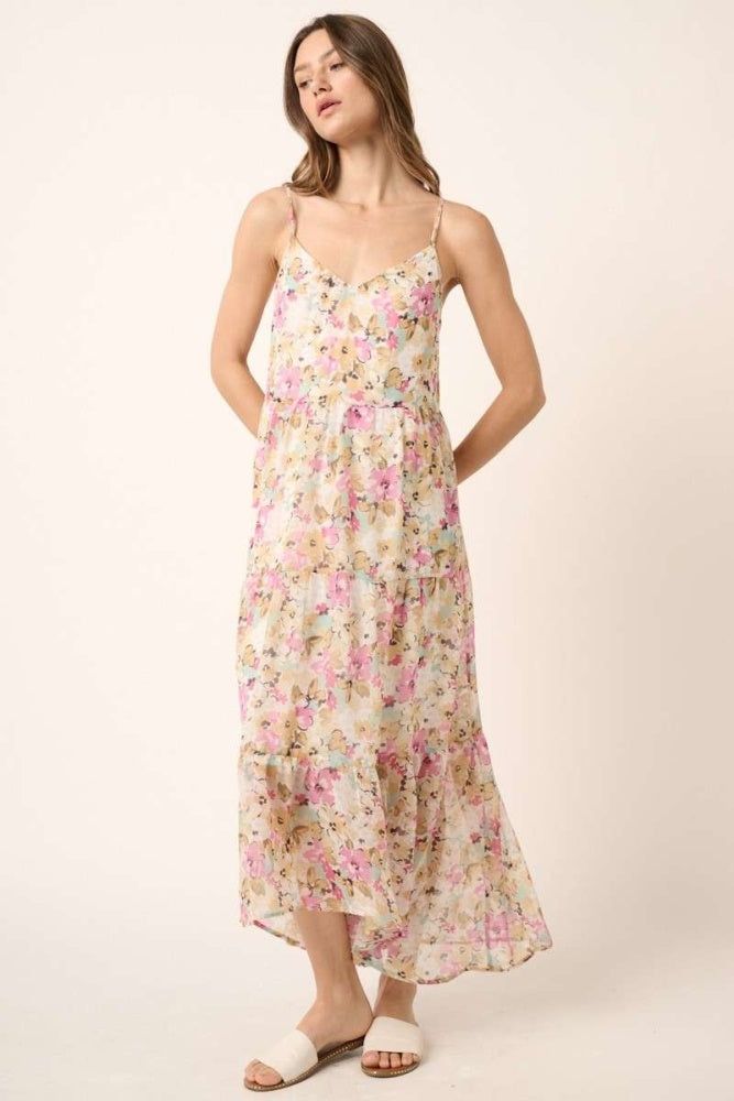 Ivory Flower Print V Neck Ruffle Tier Detail Maxi Dress sold by Pinkblush
