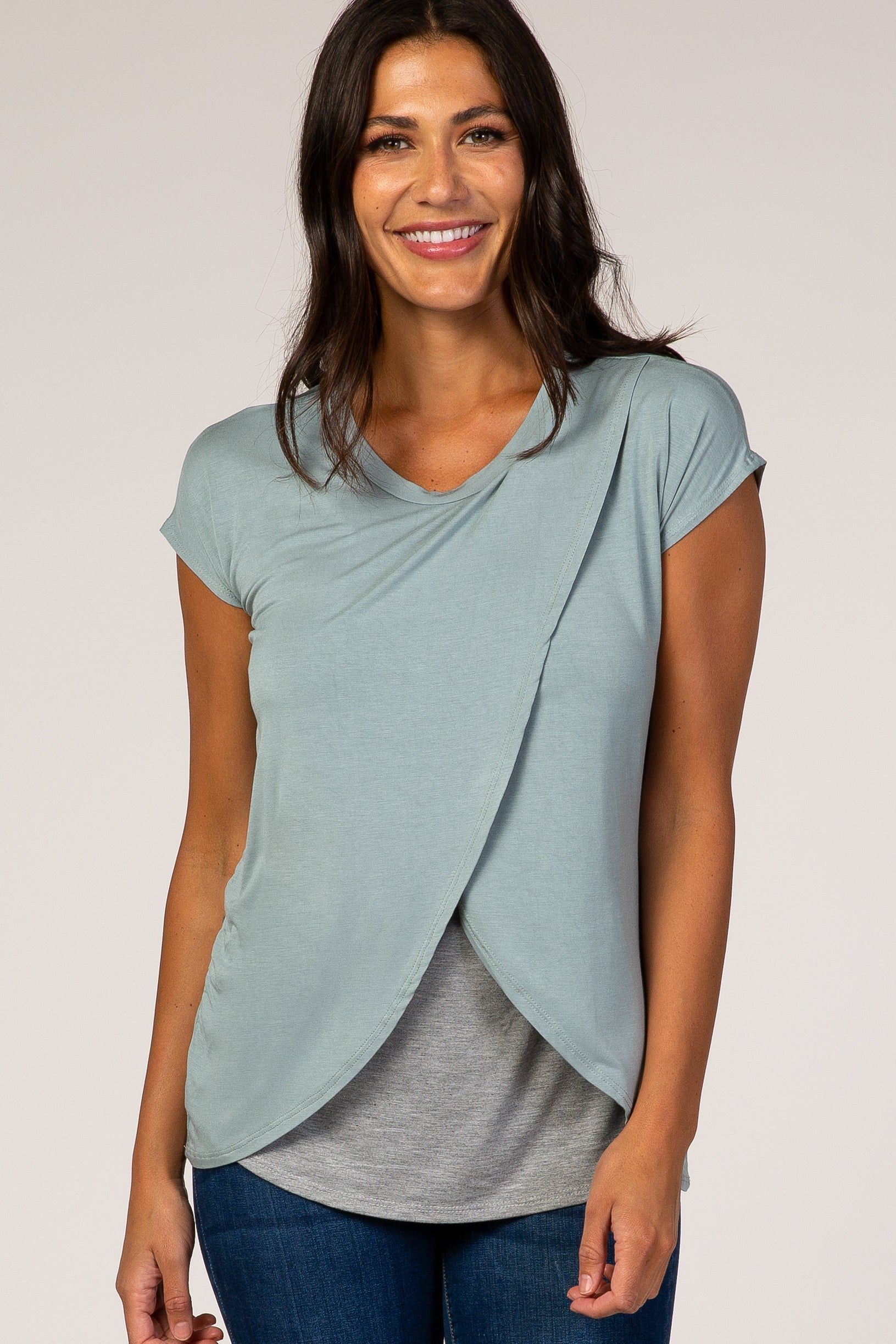 Dusty Green Layered Wrap Front Nursing Top sold by Pinkblush