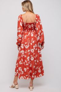 Rust Floral Square Neck Smocked Long Sleeve Maternity Maxi Dress sold by Pinkblush