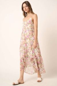 Ivory Flower Print V Neck Ruffle Tier Detail Maxi Dress sold by Pinkblush