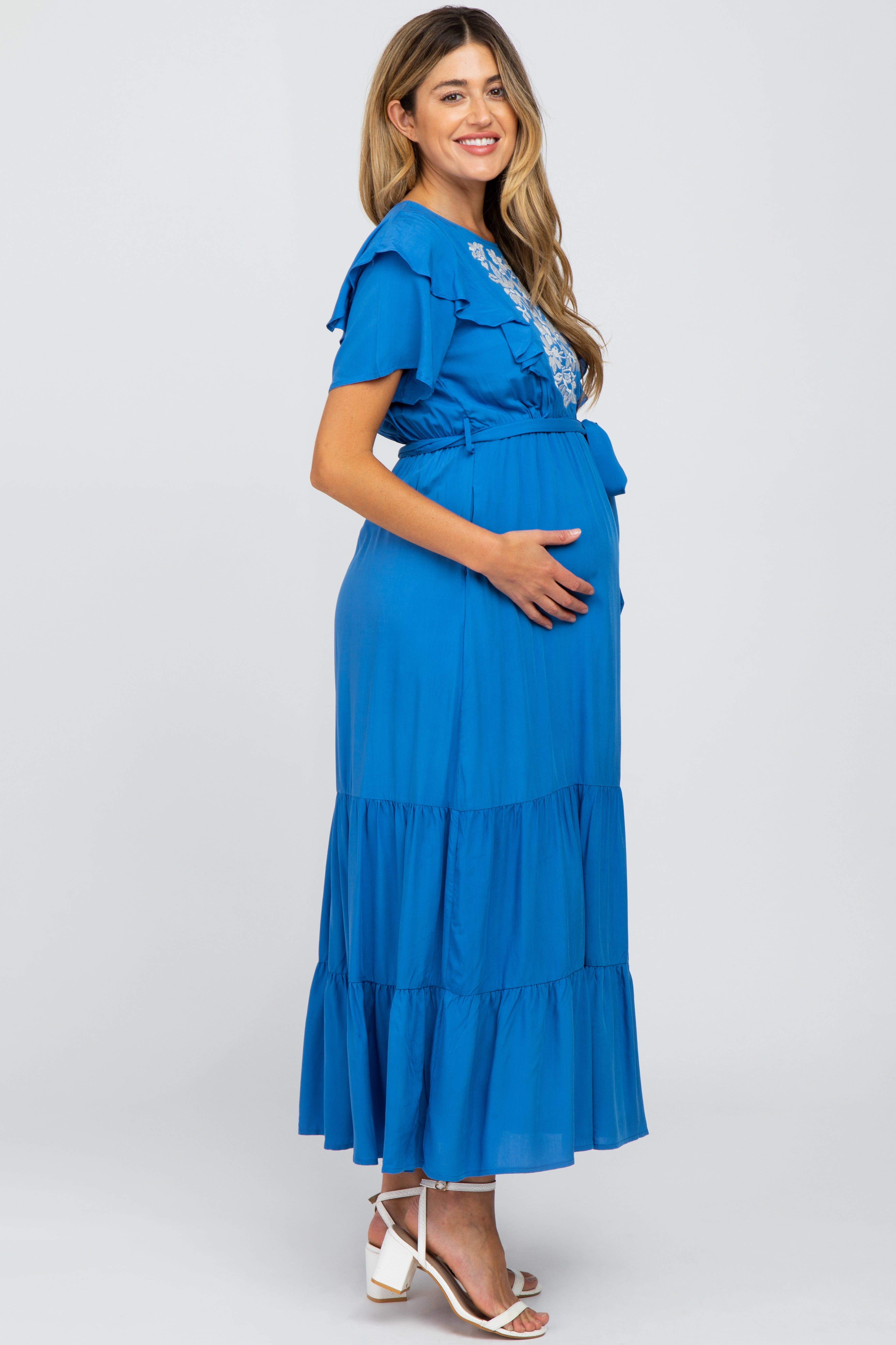 Blue Floral Embroidered Maternity Maxi Dress sold by Pinkblush product image thumbnail 2