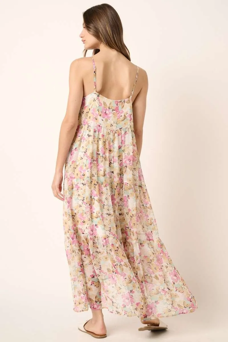 Ivory Flower Print V Neck Ruffle Tier Detail Maxi Dress sold by Pinkblush product image thumbnail 3