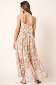 Ivory Flower Print V Neck Ruffle Tier Detail Maxi Dress sold by Pinkblush