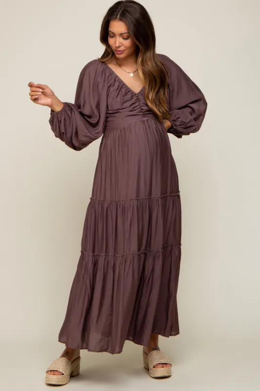 Brown Smocked Front Cutout Tiered Maternity Maxi Dress sold by Pinkblush