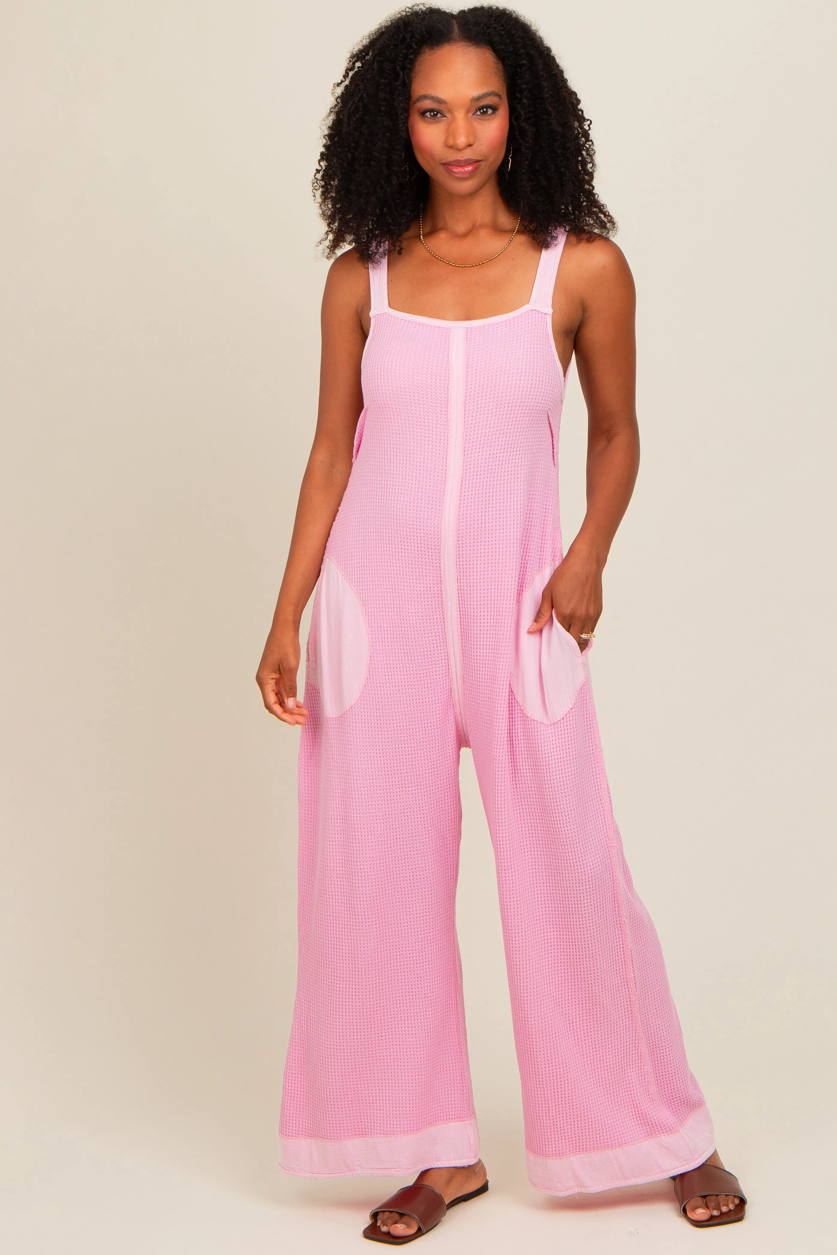 Pink Waffle Knit Wide Leg Jumpsuit sold by Pinkblush