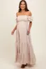 Taupe Smocked Ruffle Off Shoulder Tiered Maternity Maxi Dress sold by Pinkblush