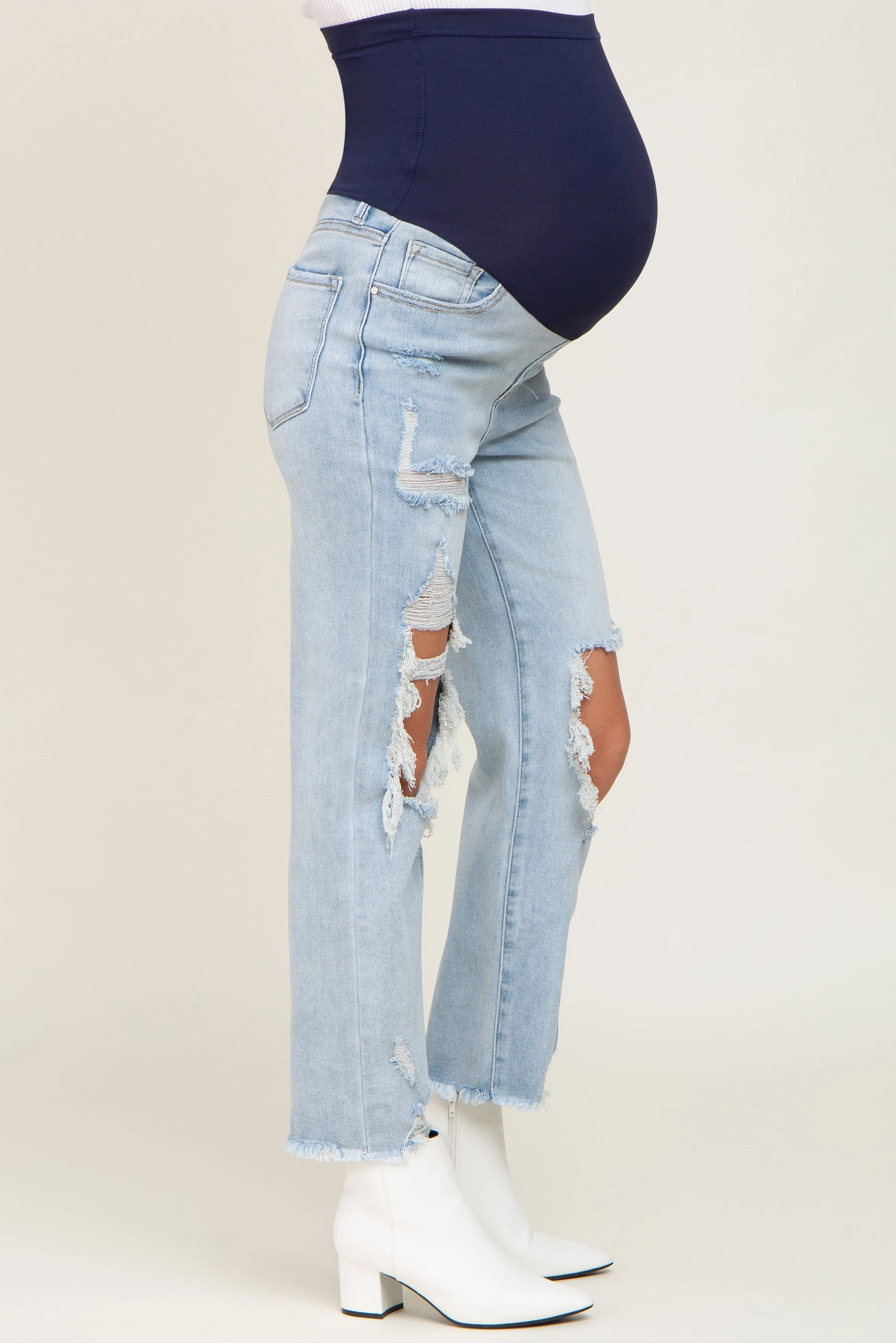 Light Blue Distressed Open Knee Straight Leg Maternity Jeans sold by Pinkblush product image thumbnail 3