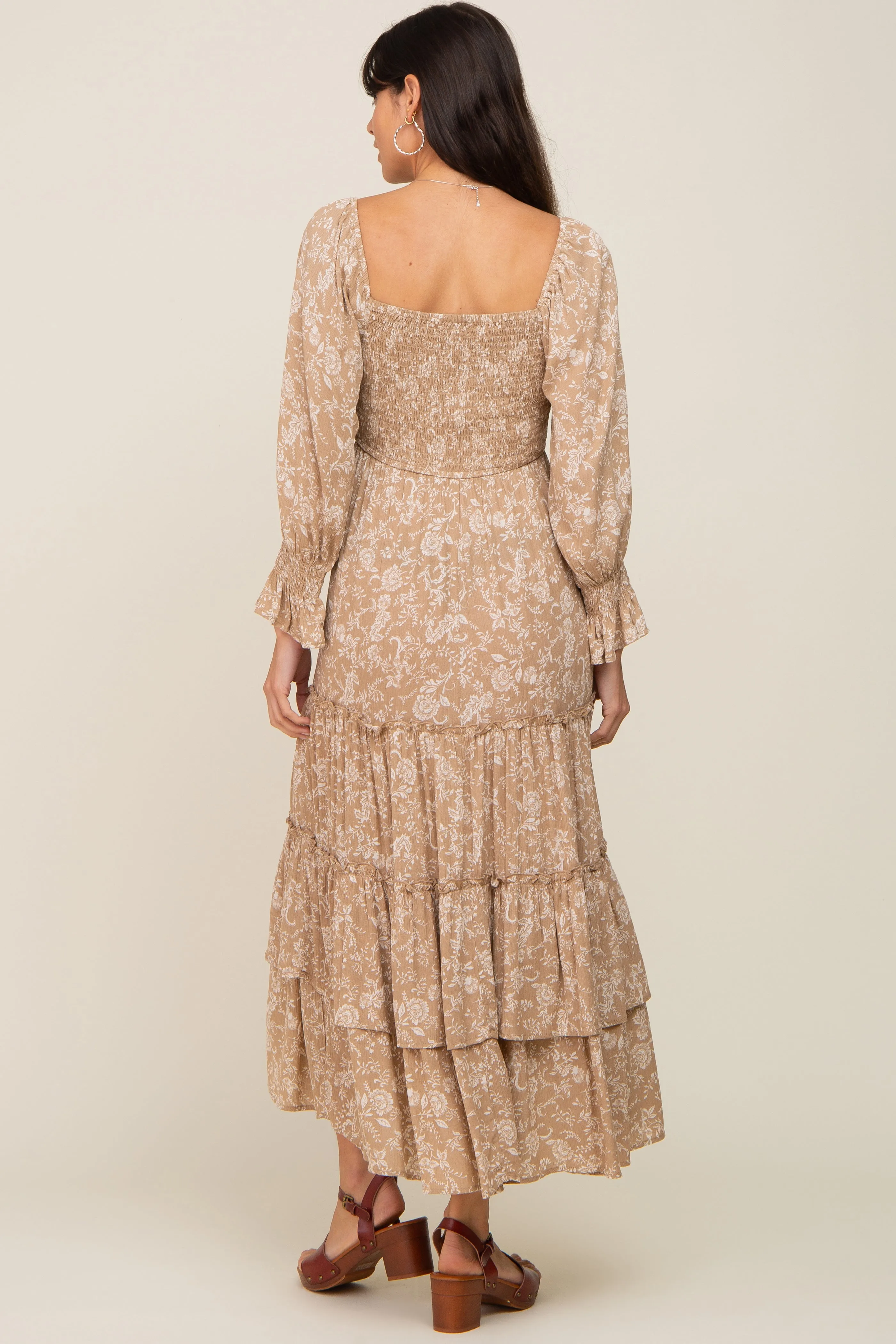 Beige Floral Cutout Smocked Tiered Maxi Dress sold by Pinkblush product image thumbnail 3