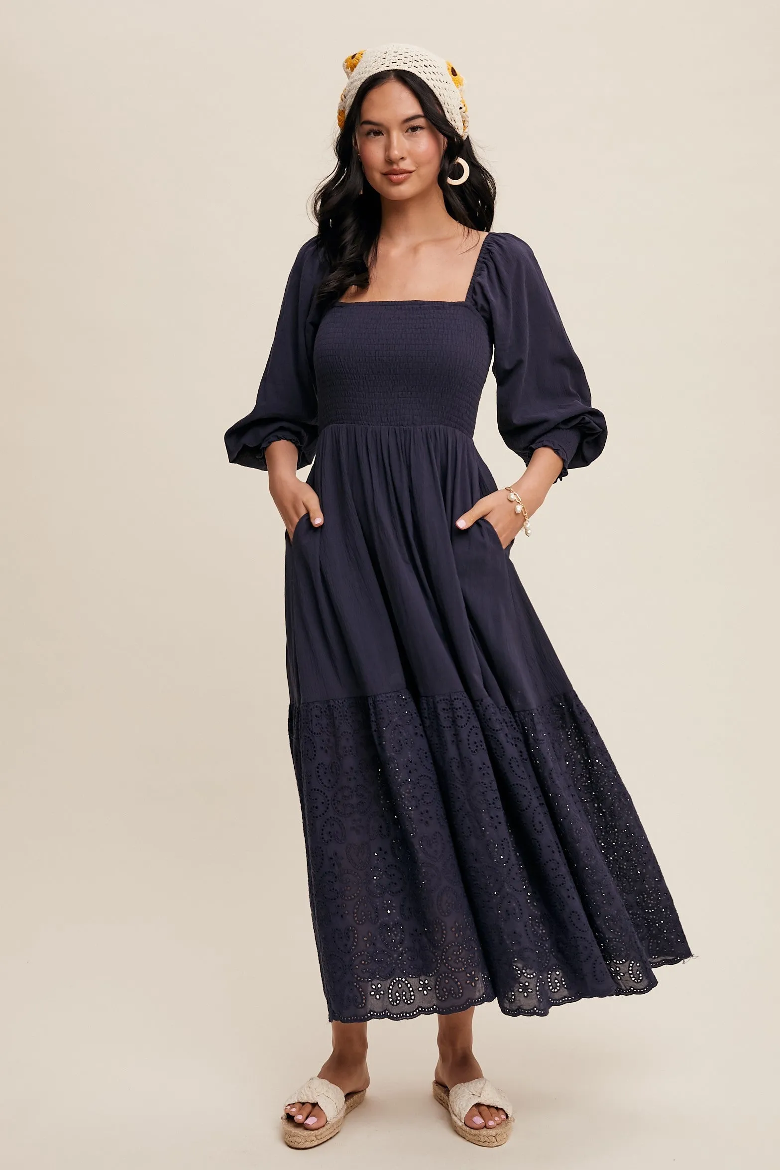 Navy Blue Smocked Eyelet Lace Hem Maxi Dress sold by Pinkblush product image thumbnail 2
