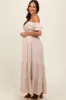 Taupe Smocked Ruffle Off Shoulder Tiered Maternity Maxi Dress sold by Pinkblush