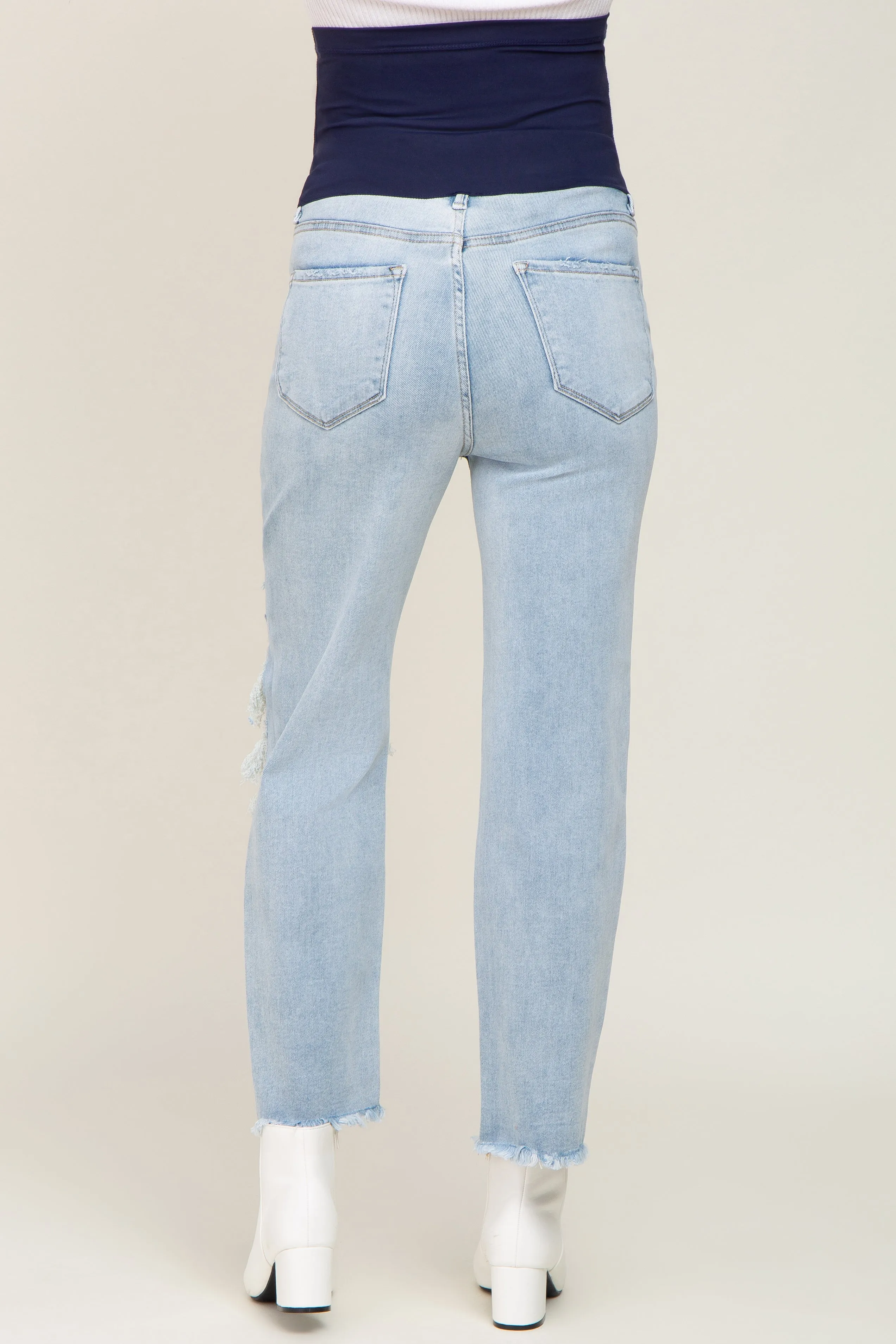 Light Blue Distressed Open Knee Straight Leg Maternity Jeans sold by Pinkblush product image thumbnail 4