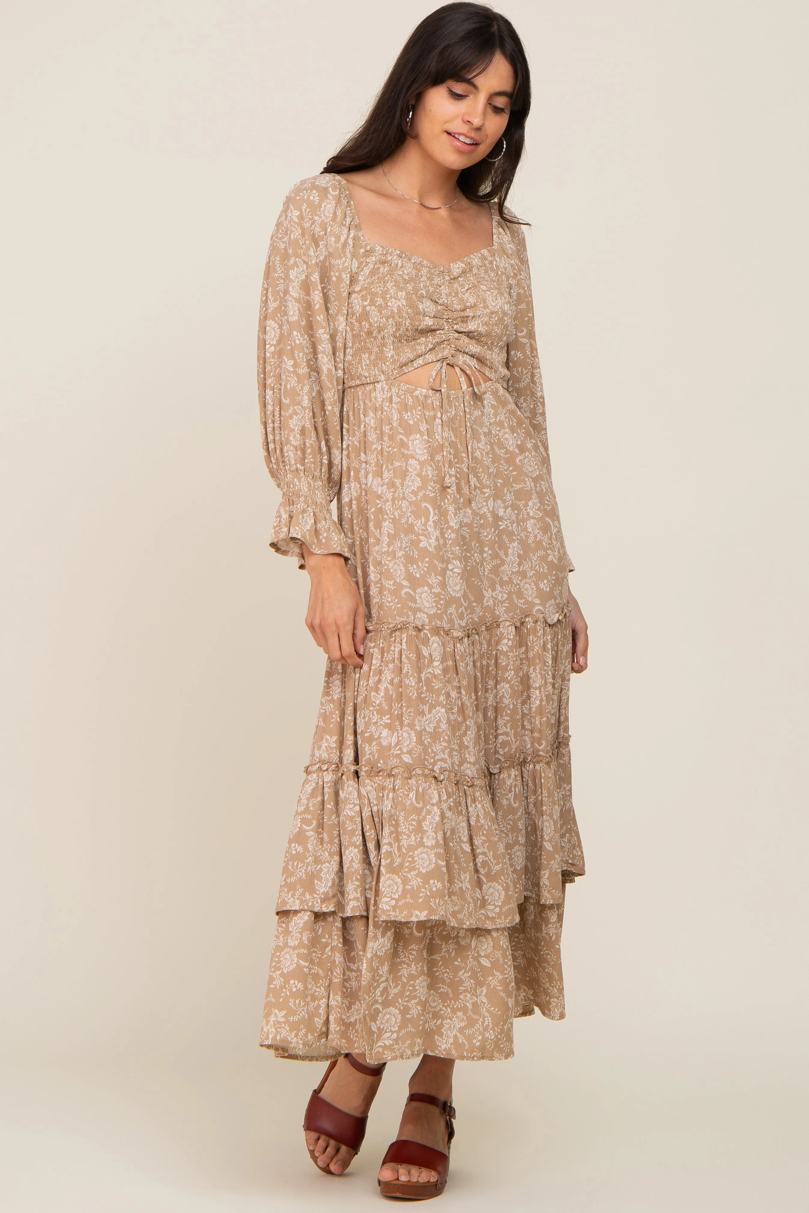 Beige Floral Cutout Smocked Tiered Maxi Dress sold by Pinkblush product image thumbnail 4