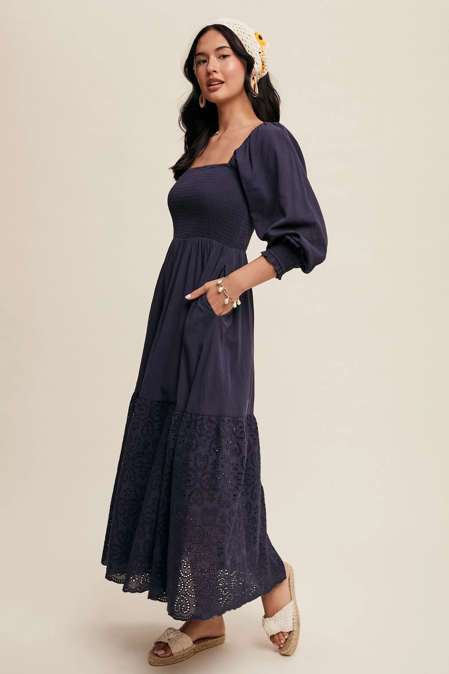 Navy Blue Smocked Eyelet Lace Hem Maxi Dress sold by Pinkblush product image thumbnail 3