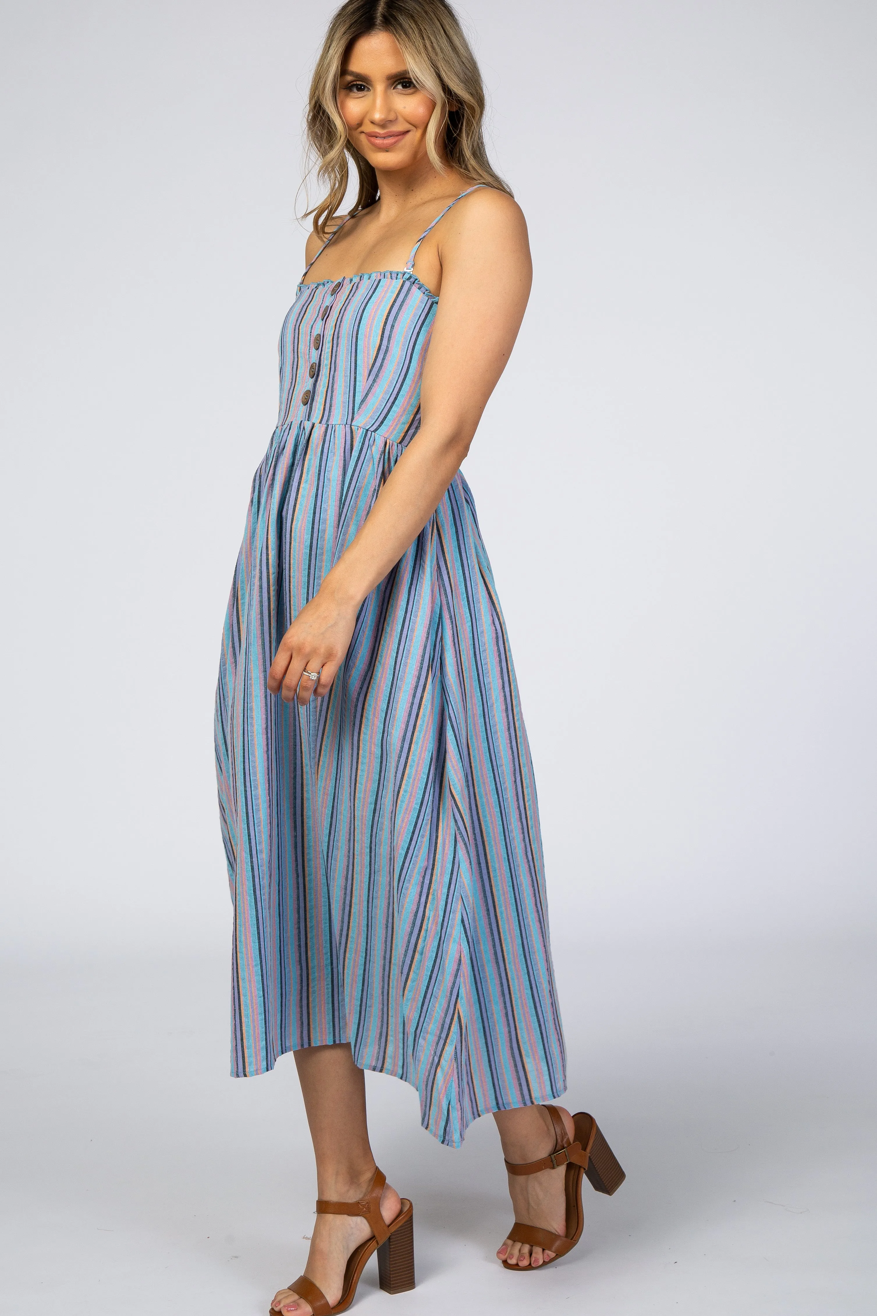 Blue Purple Striped Button Front Midi Dress sold by Pinkblush product image thumbnail 2