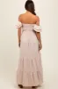 Taupe Smocked Ruffle Off Shoulder Tiered Maternity Maxi Dress sold by Pinkblush