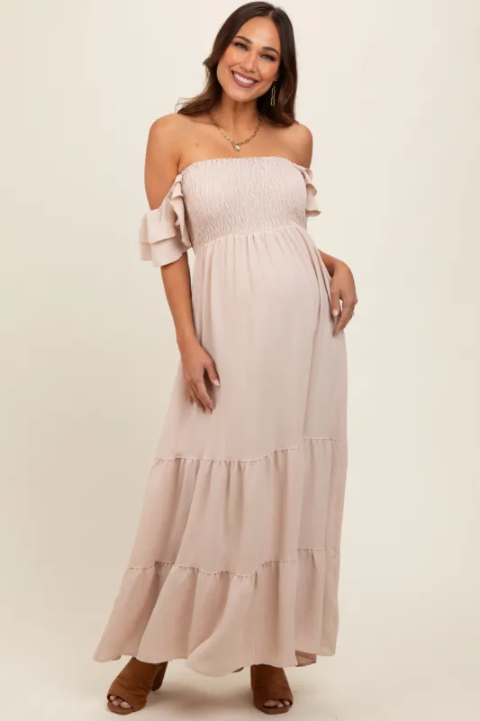 Taupe Smocked Ruffle Off Shoulder Tiered Maternity Maxi Dress sold by Pinkblush
