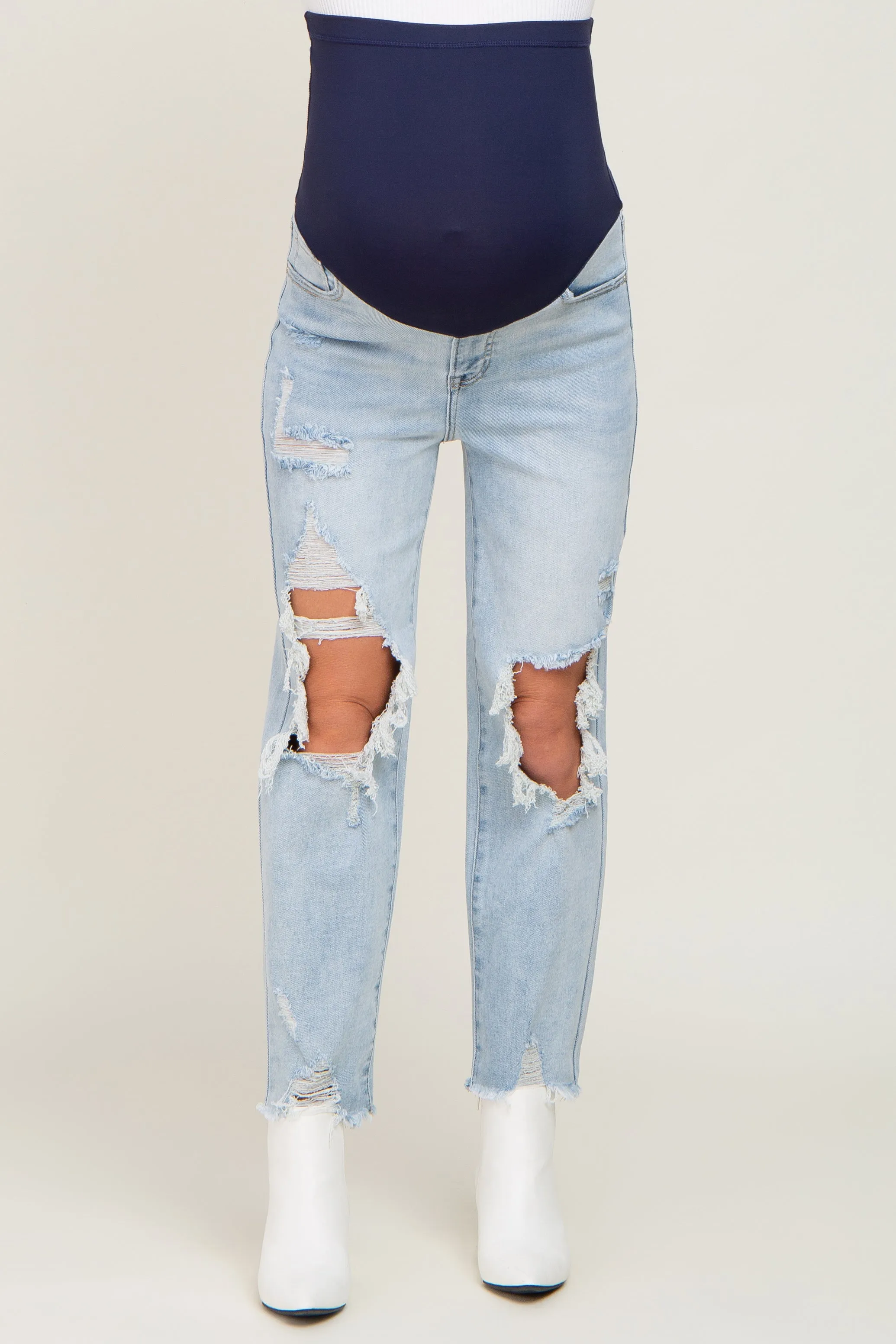 Light Blue Distressed Open Knee Straight Leg Maternity Jeans sold by Pinkblush product image thumbnail 2