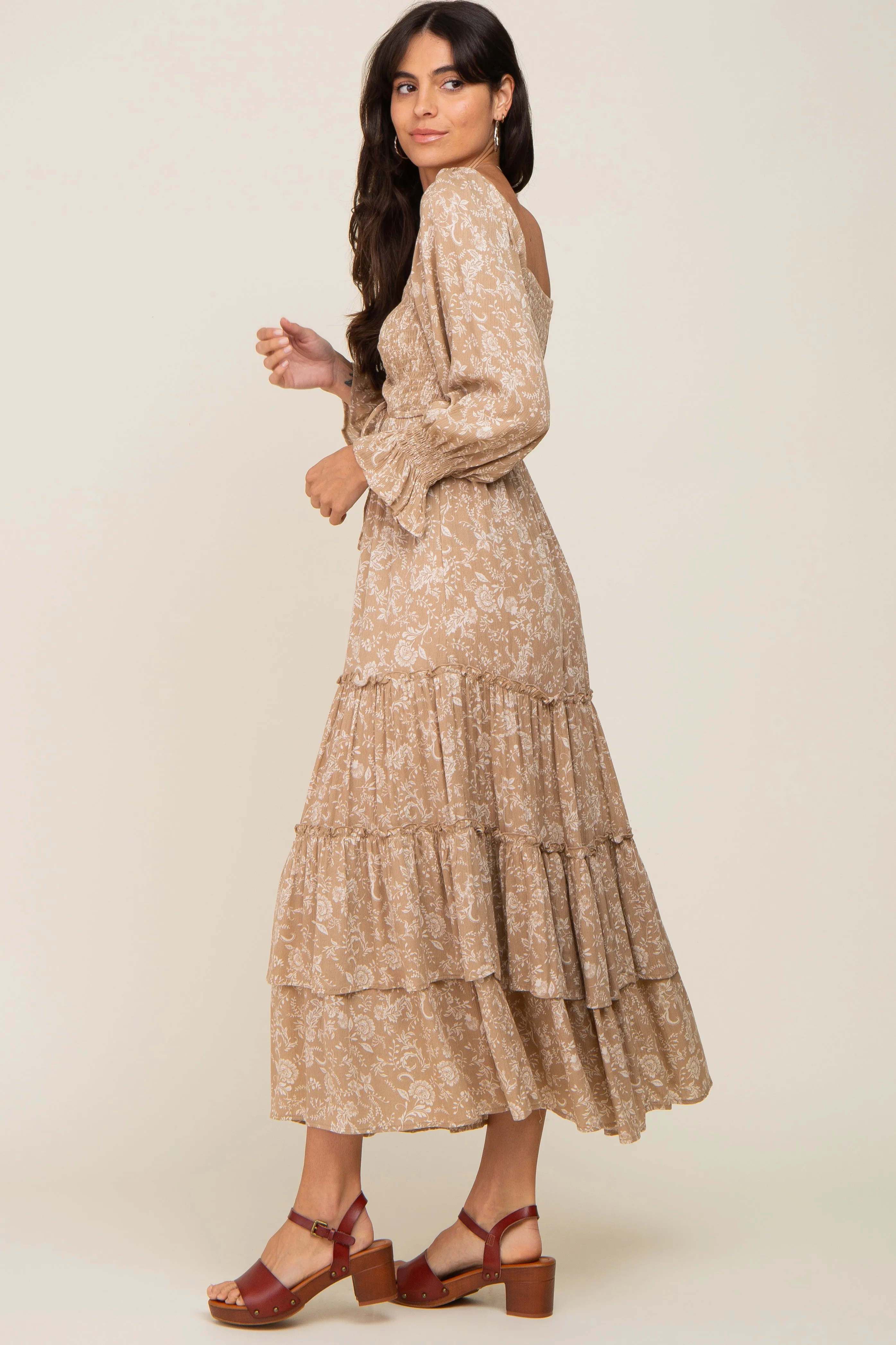Beige Floral Cutout Smocked Tiered Maxi Dress sold by Pinkblush product image thumbnail 2