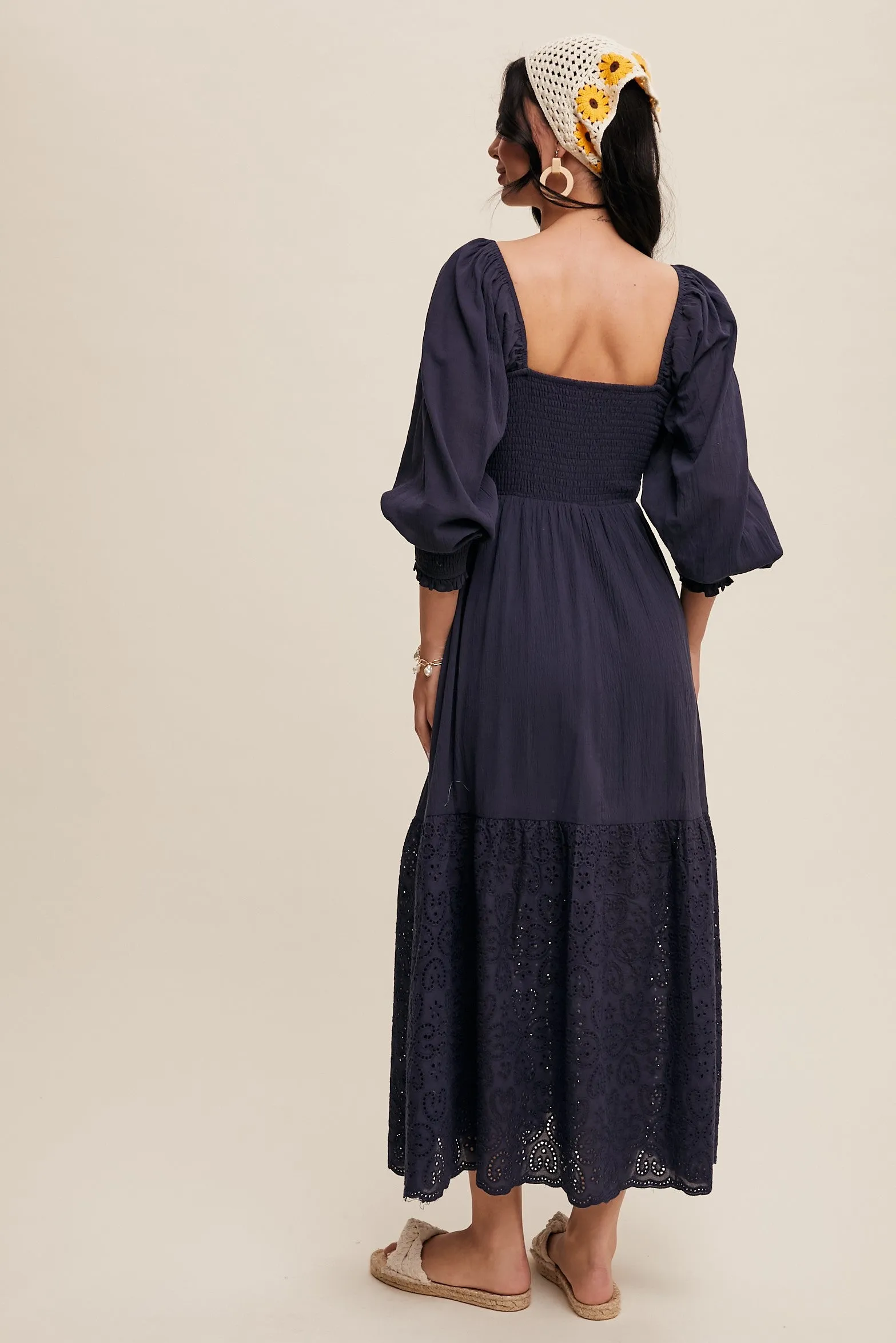 Navy Blue Smocked Eyelet Lace Hem Maxi Dress sold by Pinkblush product image thumbnail 4