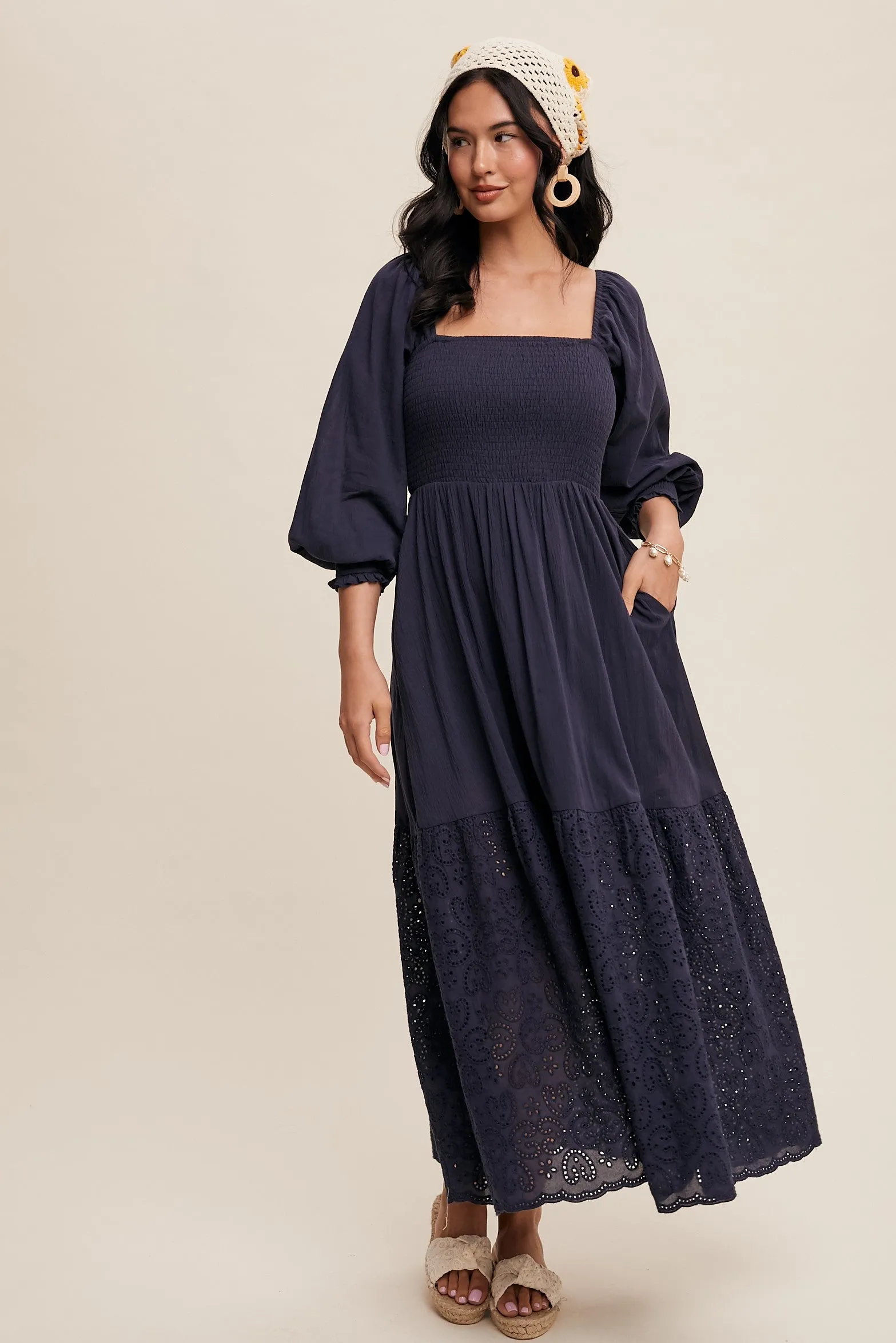 Navy Blue Smocked Eyelet Lace Hem Maxi Dress sold by Pinkblush