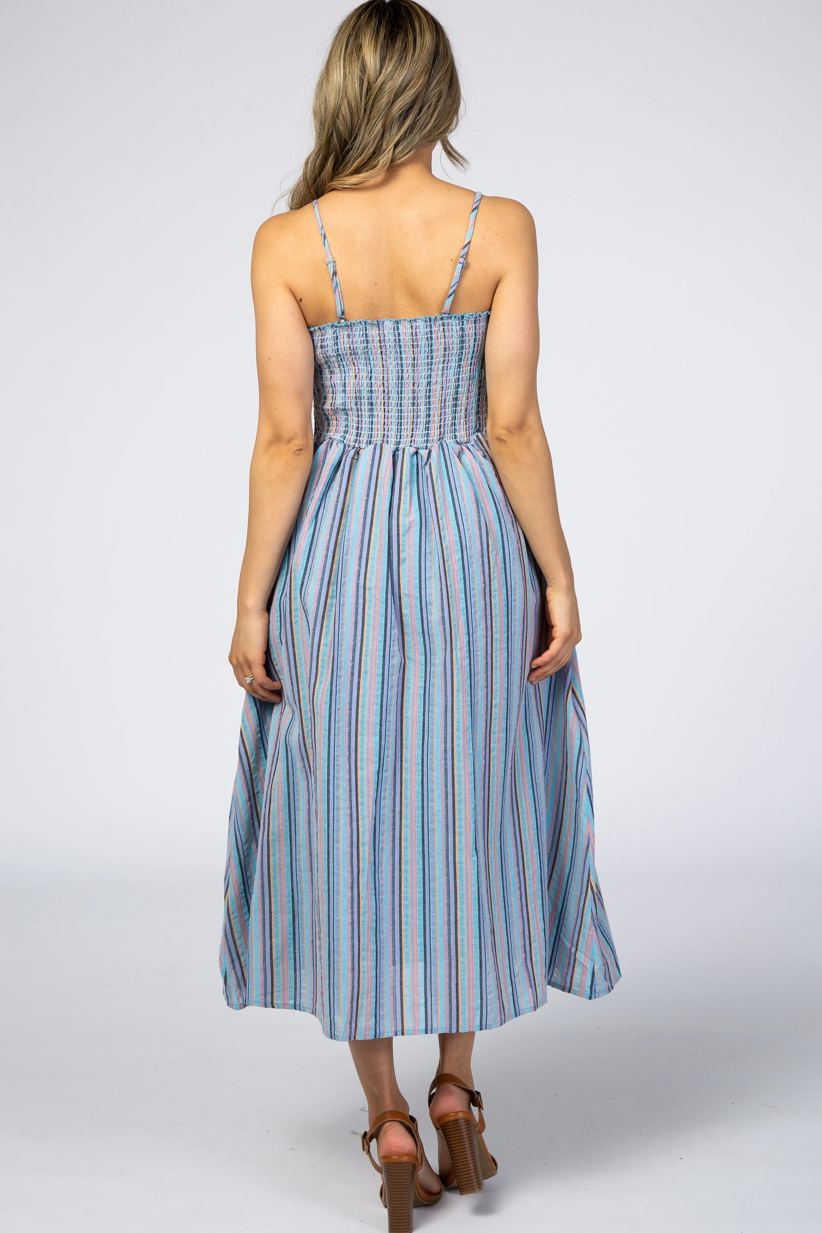 Blue Purple Striped Button Front Midi Dress sold by Pinkblush product image thumbnail 3