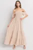 Taupe Smocked Ruffle Off Shoulder Tiered Maternity Maxi Dress sold by Pinkblush