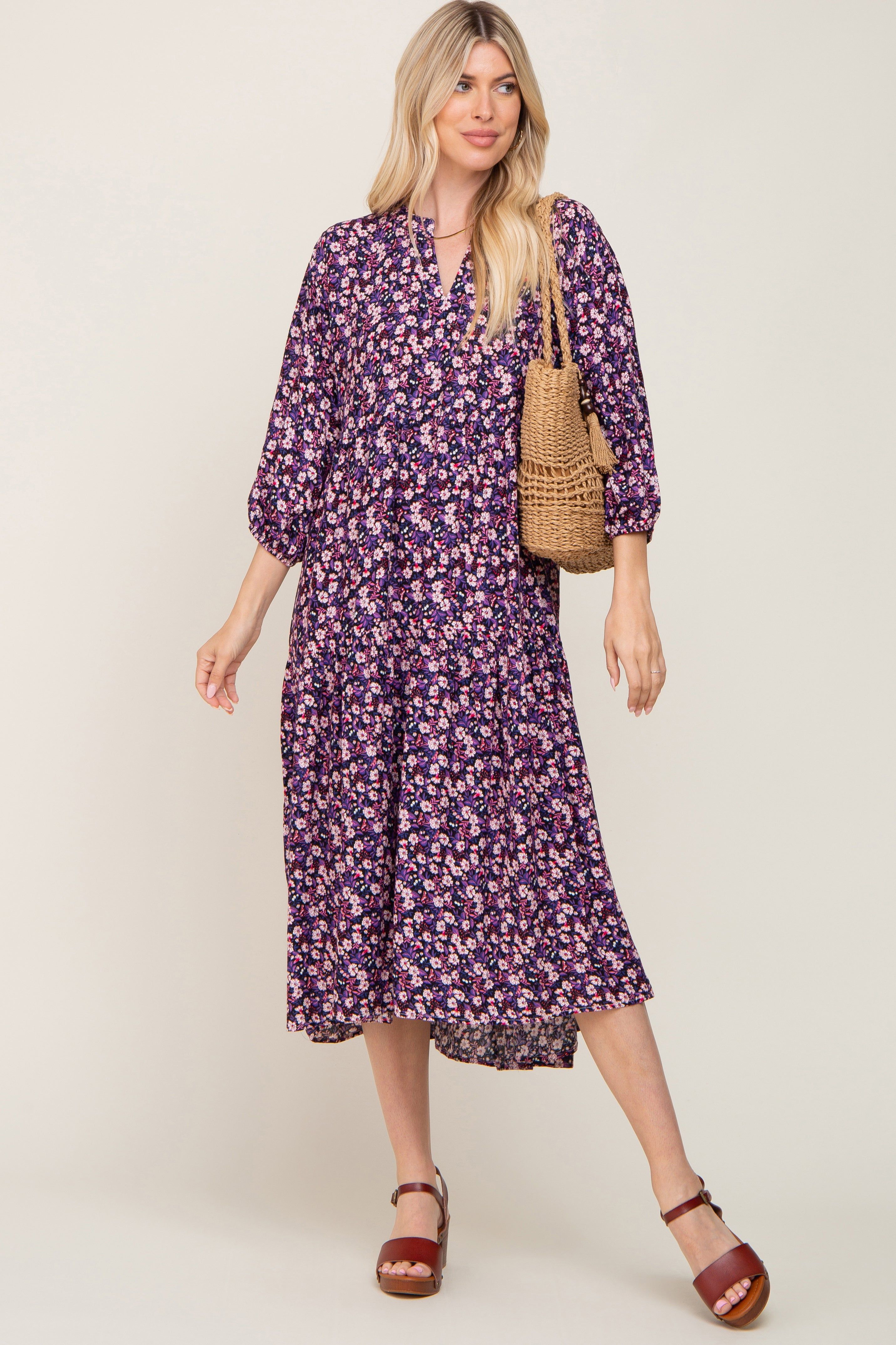 Black Floral V-Neck Tiered Maternity Midi Dress sold by Pinkblush product image thumbnail 5