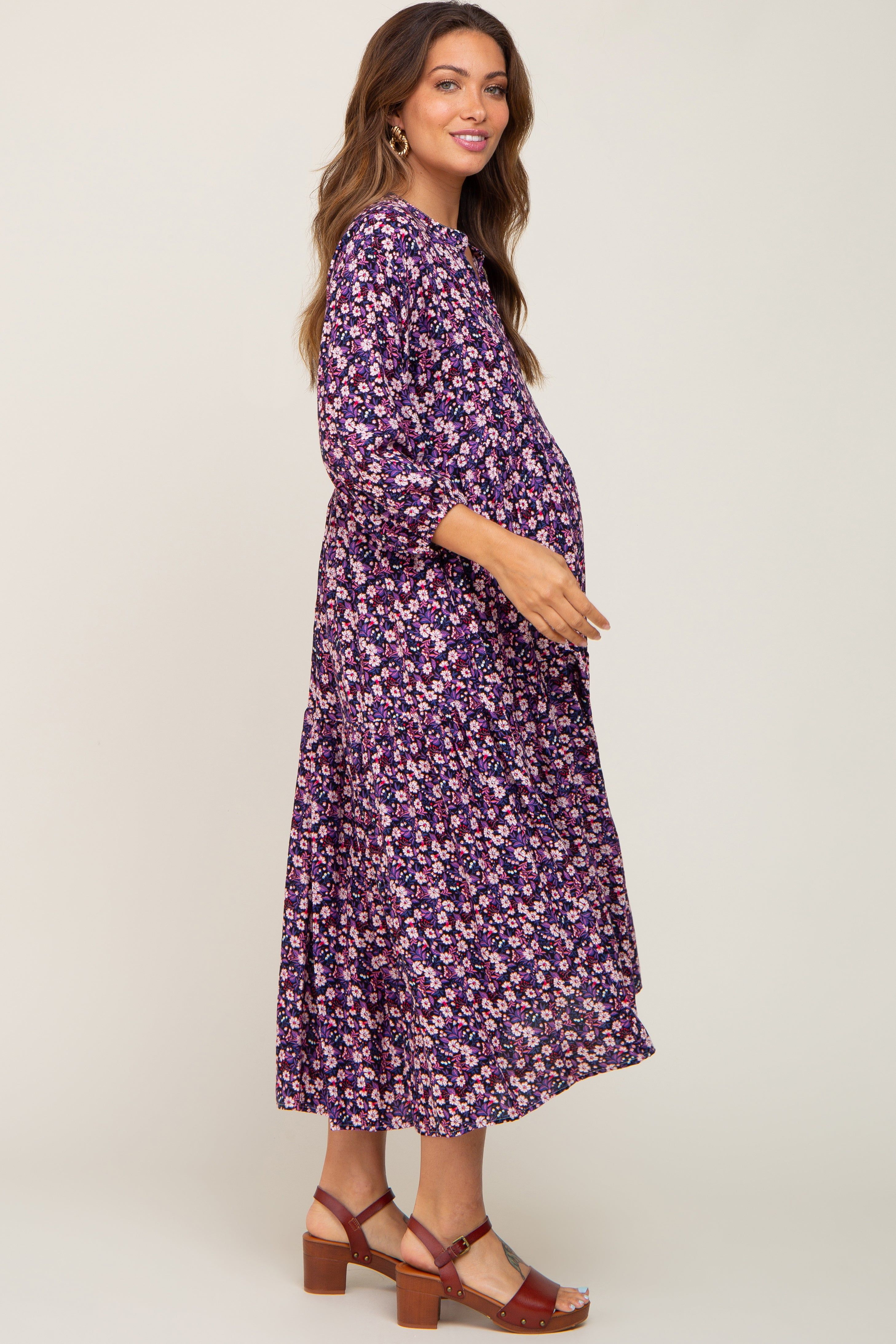 Black Floral V-Neck Tiered Maternity Midi Dress sold by Pinkblush product image thumbnail 2