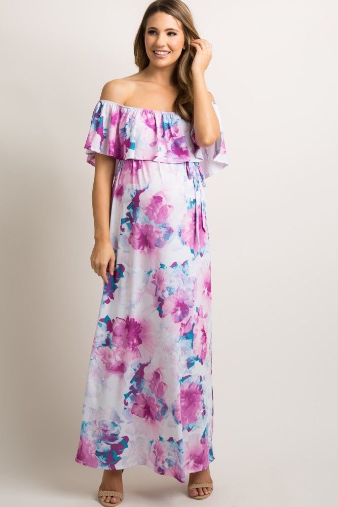 PinkBlush Ivory Floral Ruffle Sash Tie Maternity Maxi Dress sold by Pinkblush