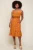 Camel Floral Shoulder Tie Smocked Maternity Midi Dress sold by Pinkblush