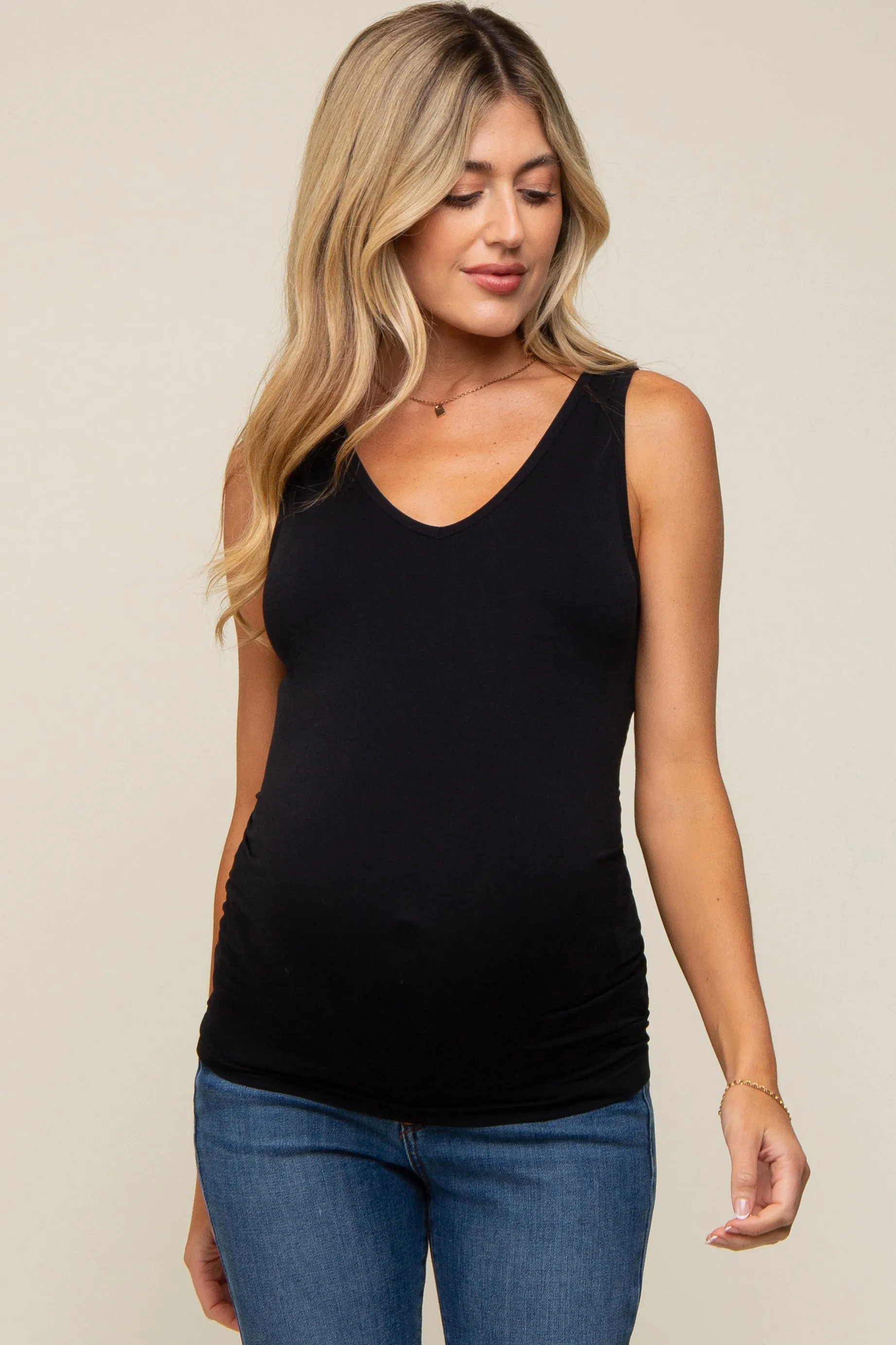 Black Basic V-Neck Seamless Maternity Tank sold by Pinkblush
