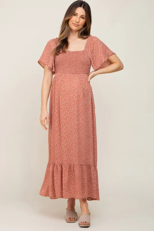 Rust Leaf Smocked Flounce Sleeve Maternity Maxi Dress sold by Pinkblush