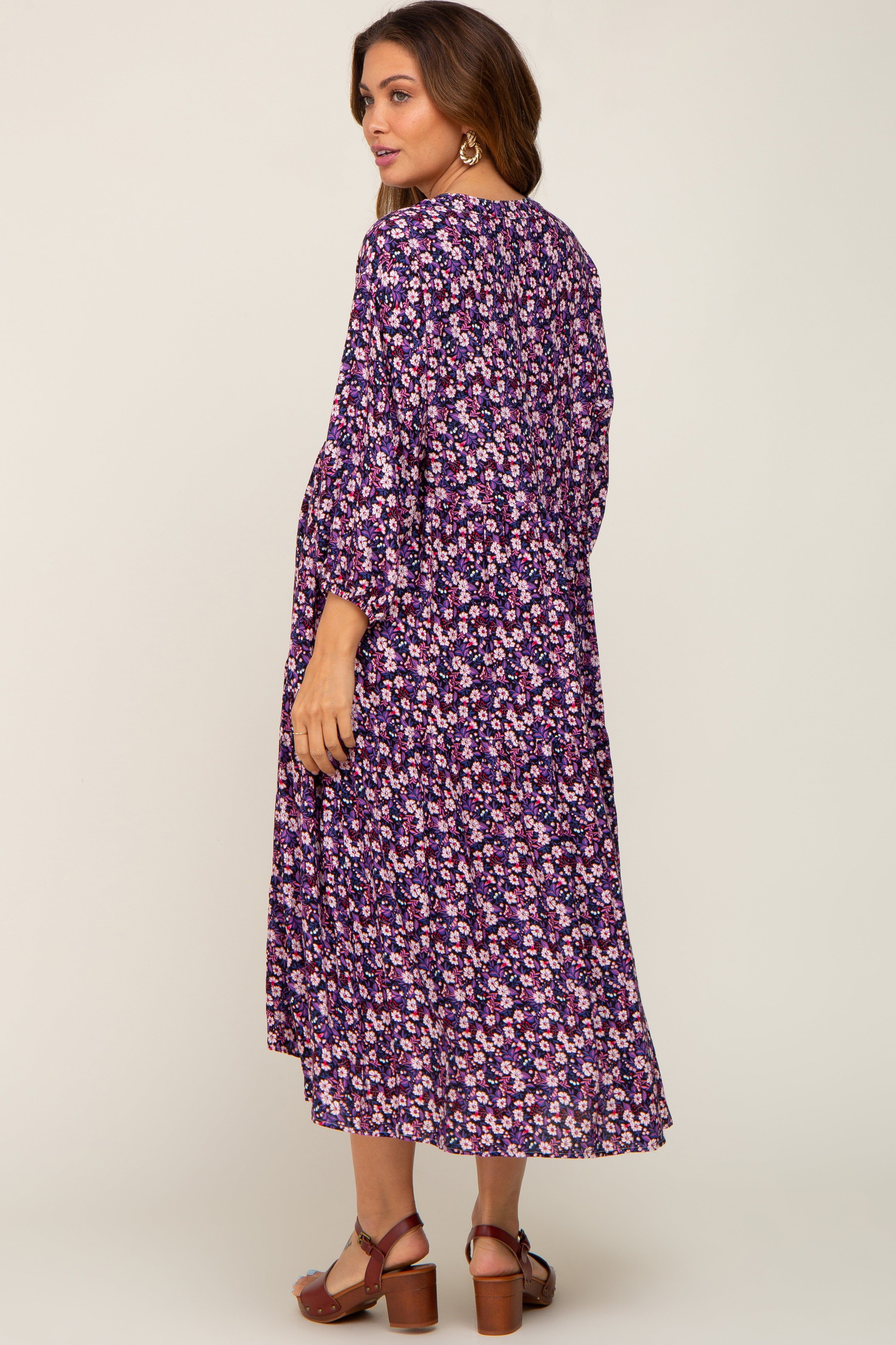 Black Floral V-Neck Tiered Maternity Midi Dress sold by Pinkblush product image thumbnail 3