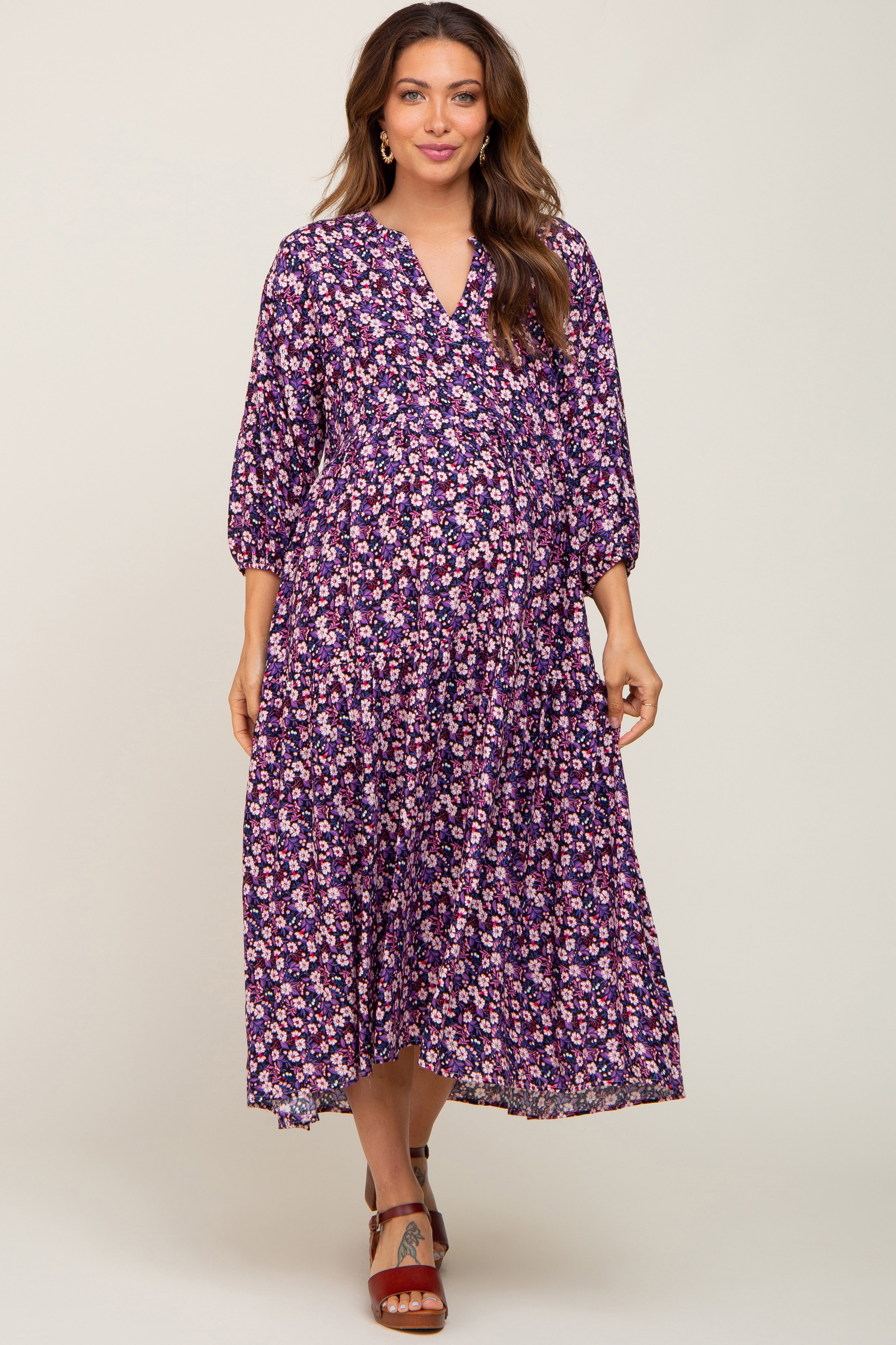 Black Floral V-Neck Tiered Maternity Midi Dress sold by Pinkblush