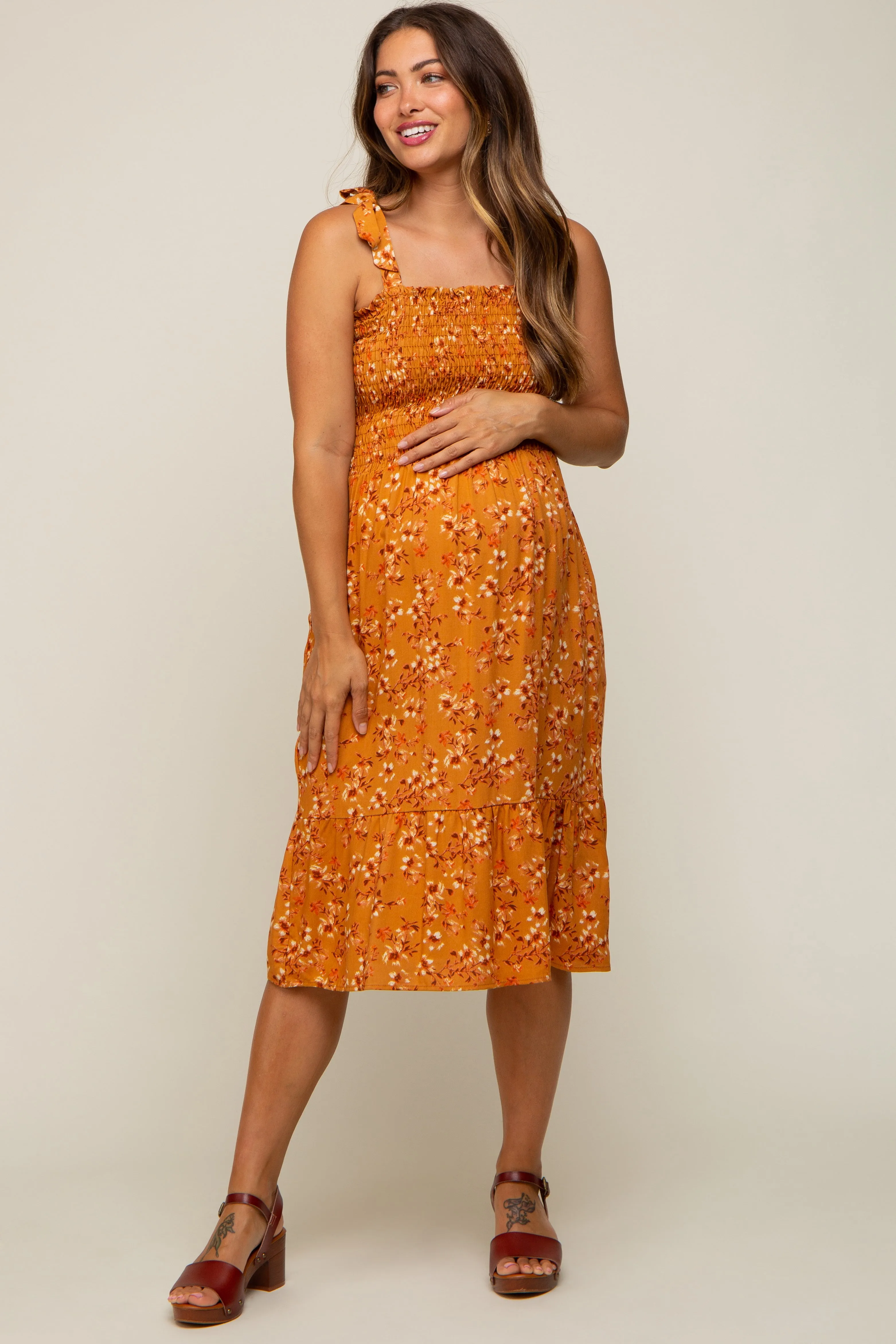 Camel Floral Shoulder Tie Smocked Maternity Midi Dress sold by Pinkblush
