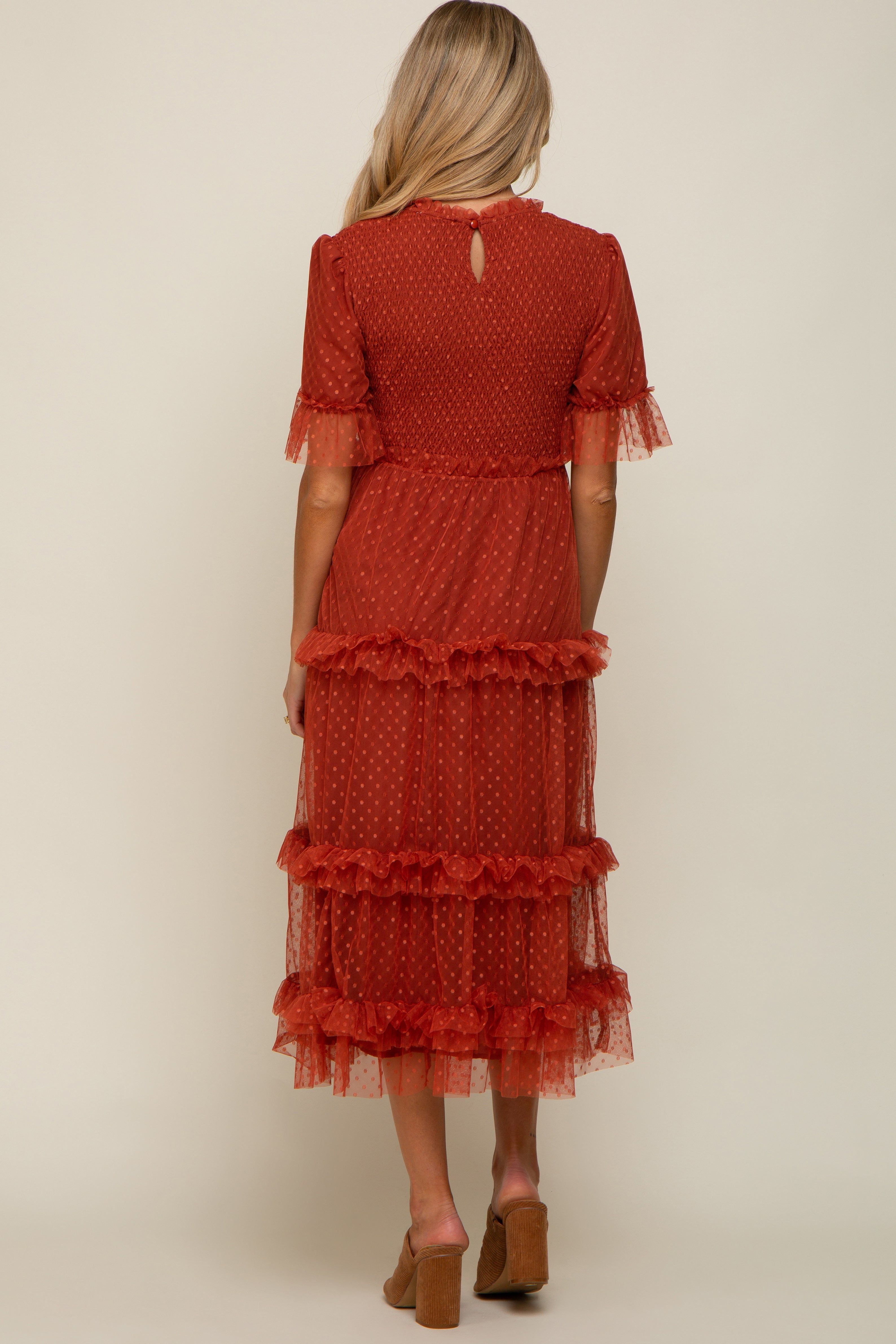 Rust Polka Dot Tulle Smocked Maternity Midi Dress sold by Pinkblush product image thumbnail 4