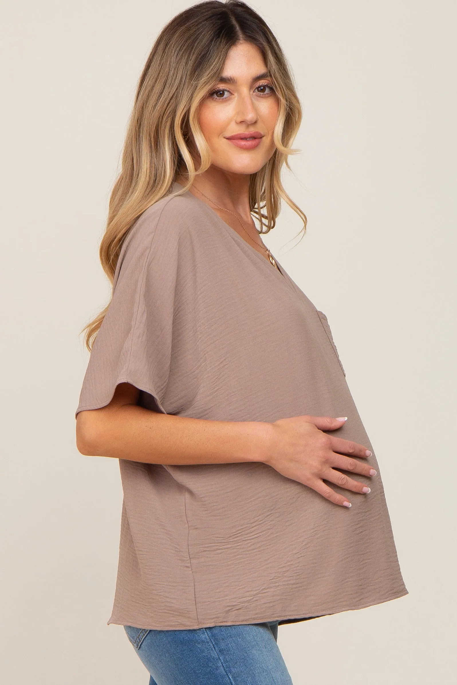 Taupe Oversized V-Neck Pocket Front Maternity Blouse sold by Pinkblush product image thumbnail 2