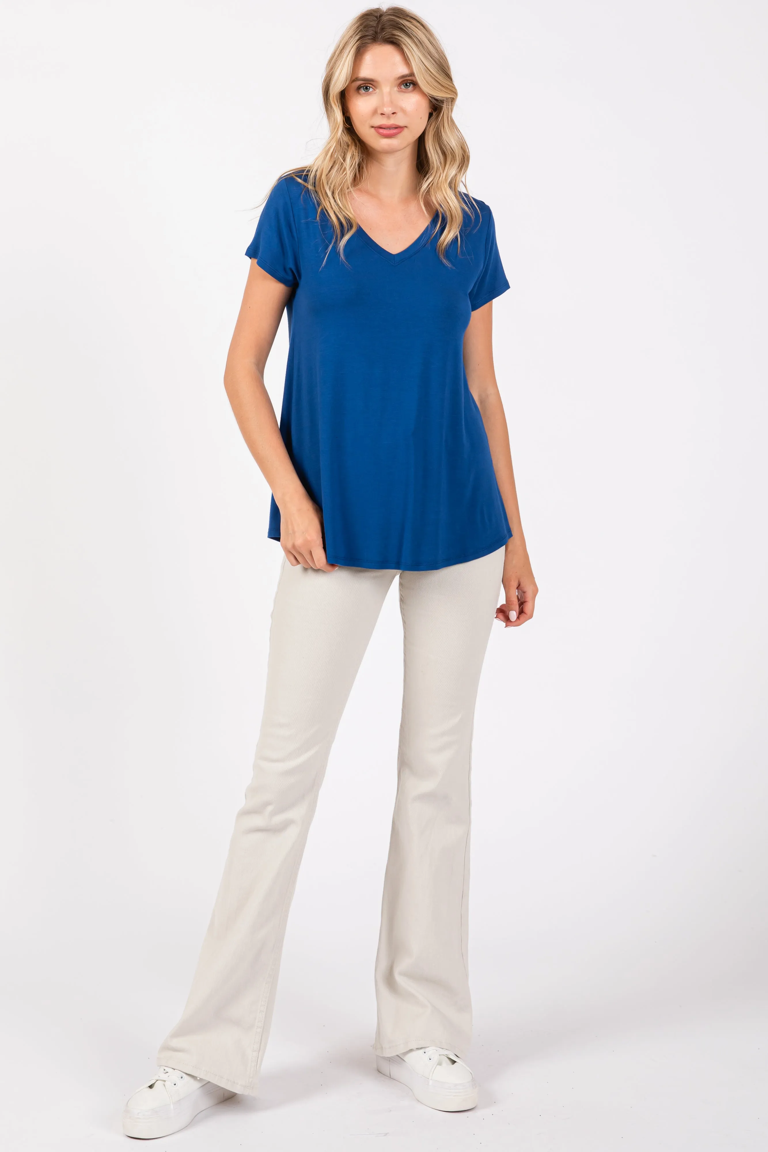 Royal Blue Basic V-Neck Short Sleeve Top sold by Pinkblush product image thumbnail 4