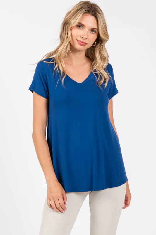 Royal Blue Basic V-Neck Short Sleeve Top sold by Pinkblush