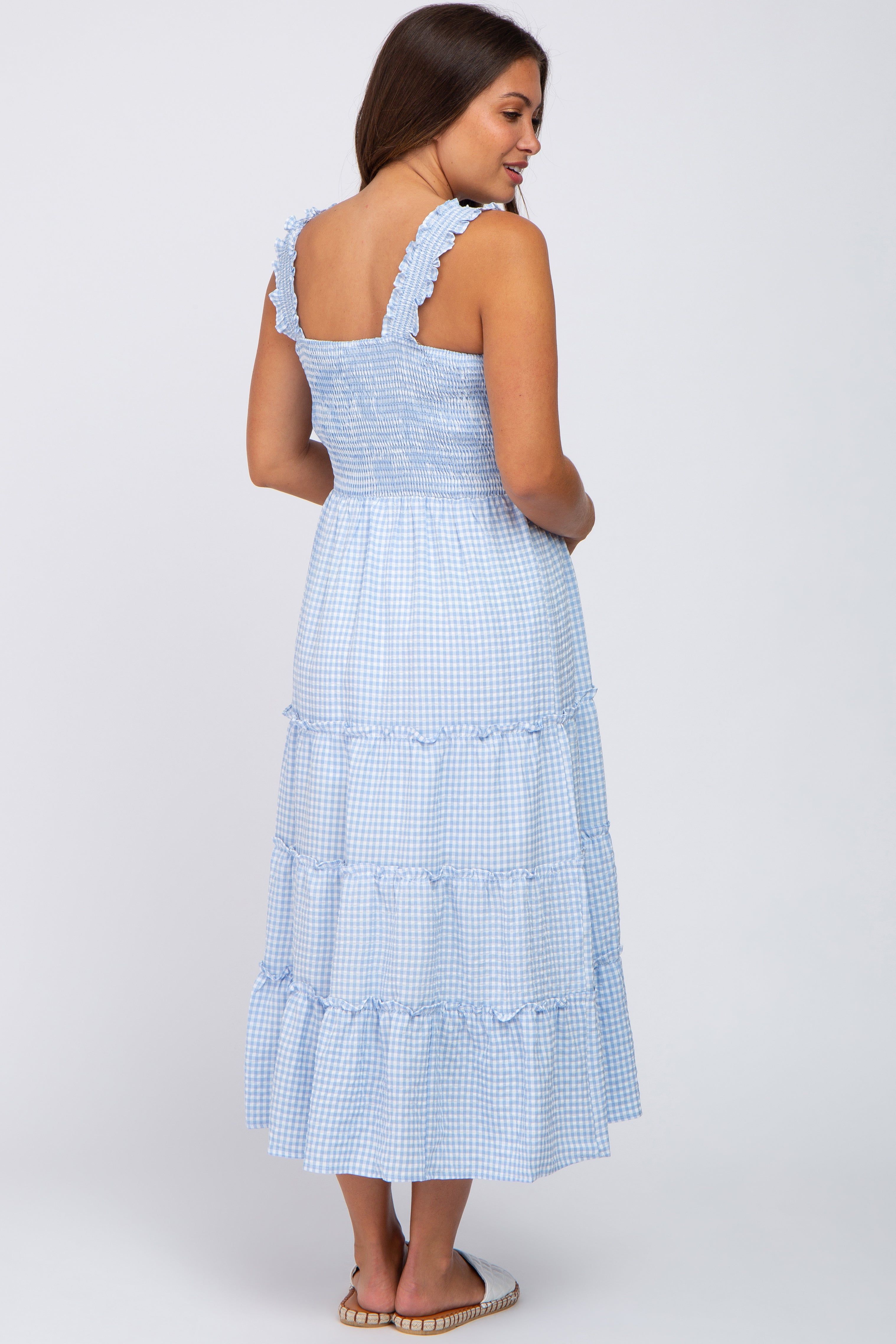 Blue Gingham Smocked Tiered Maternity Midi Dress sold by Pinkblush product image thumbnail 3