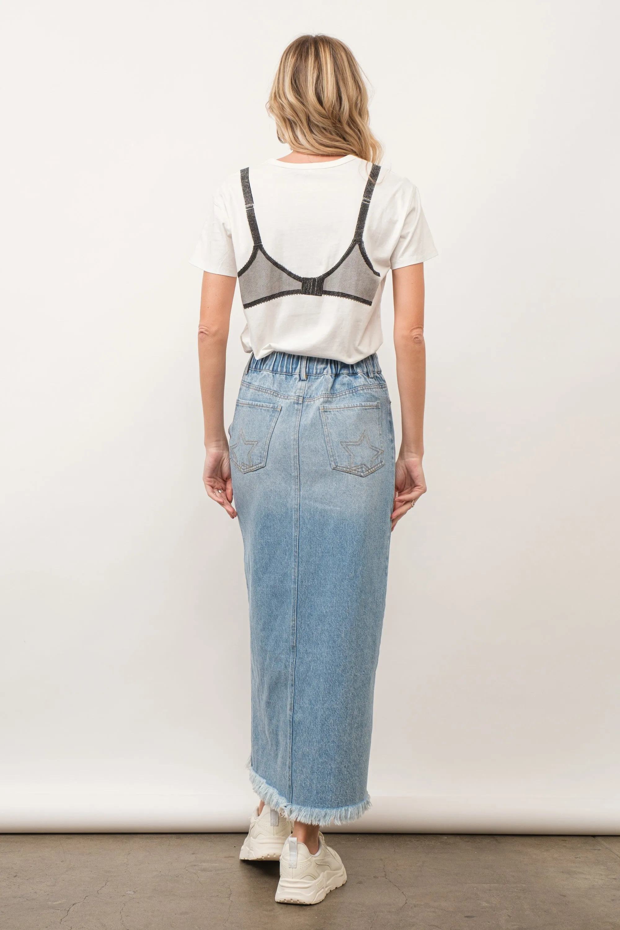 Light Wash Mid Rise Frayed Edge Denim Skirt sold by Pinkblush product image thumbnail 3
