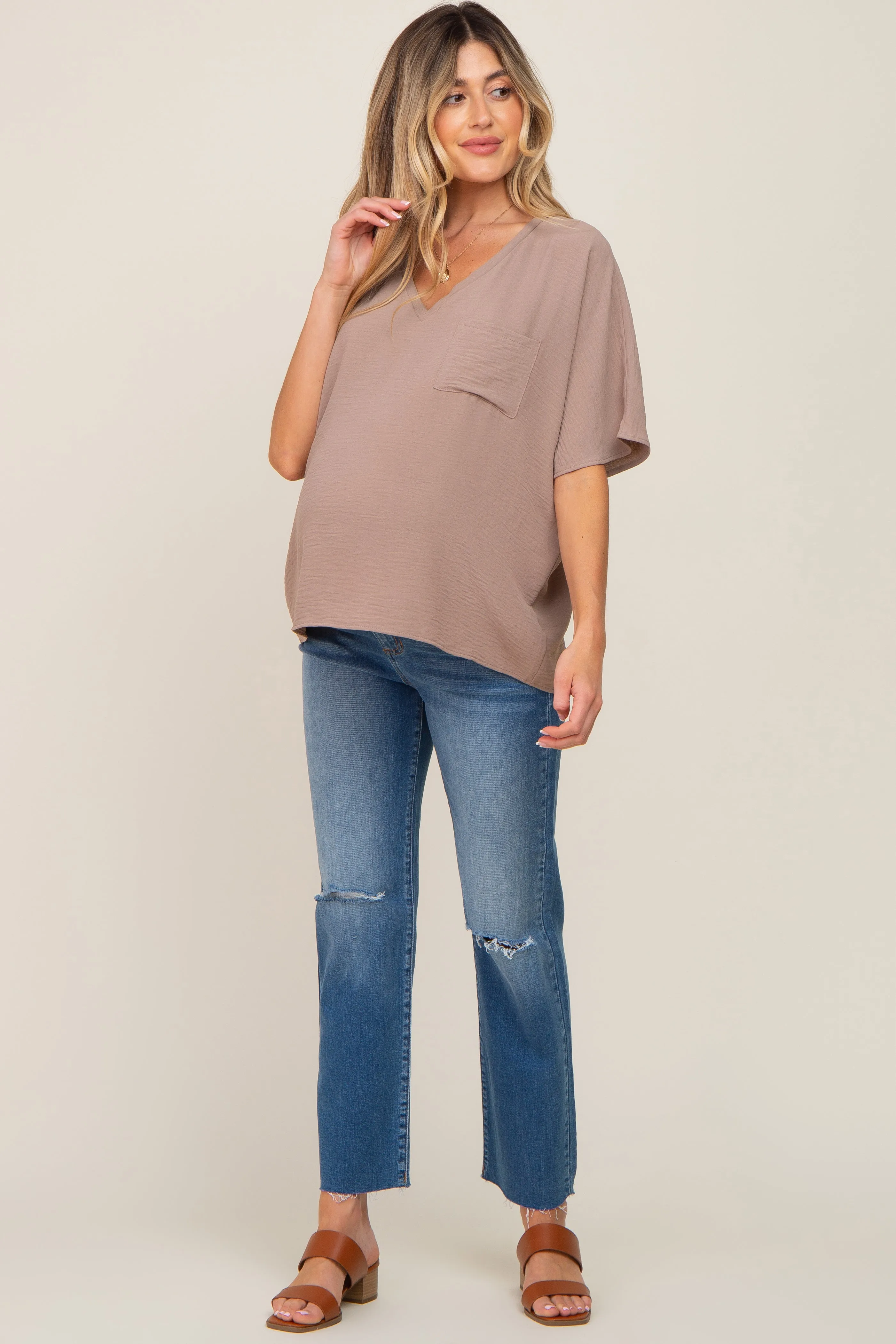 Taupe Oversized V-Neck Pocket Front Maternity Blouse sold by Pinkblush product image thumbnail 4