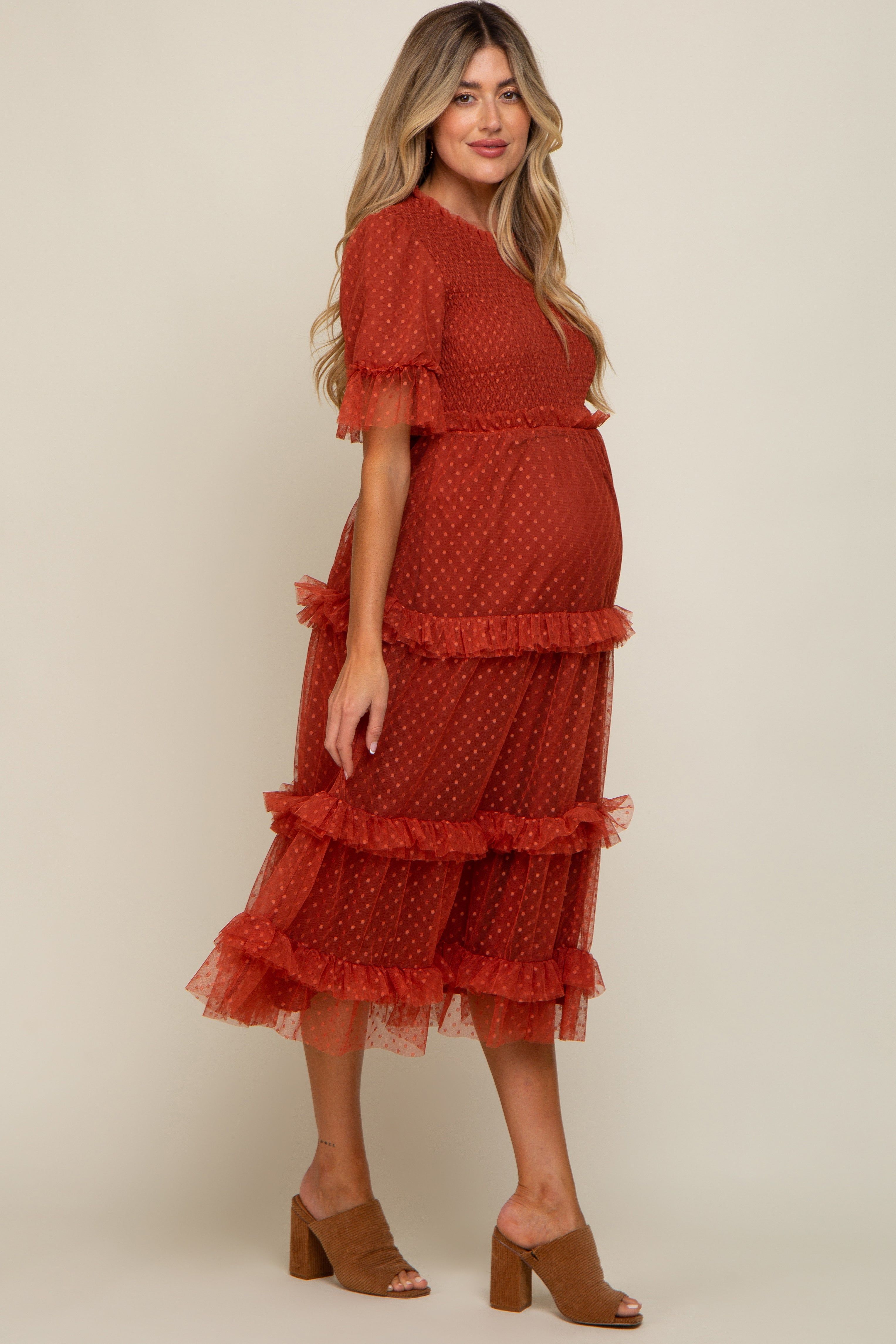 Rust Polka Dot Tulle Smocked Maternity Midi Dress sold by Pinkblush product image thumbnail 3