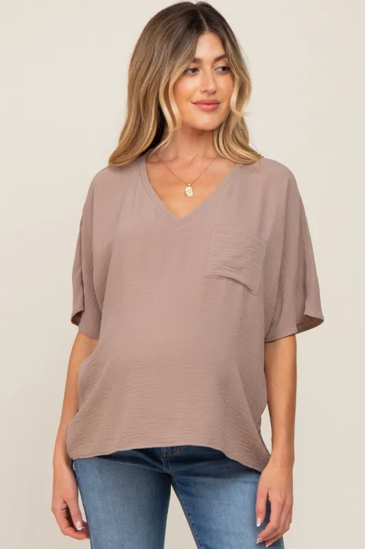 Taupe Oversized V-Neck Pocket Front Maternity Blouse sold by Pinkblush