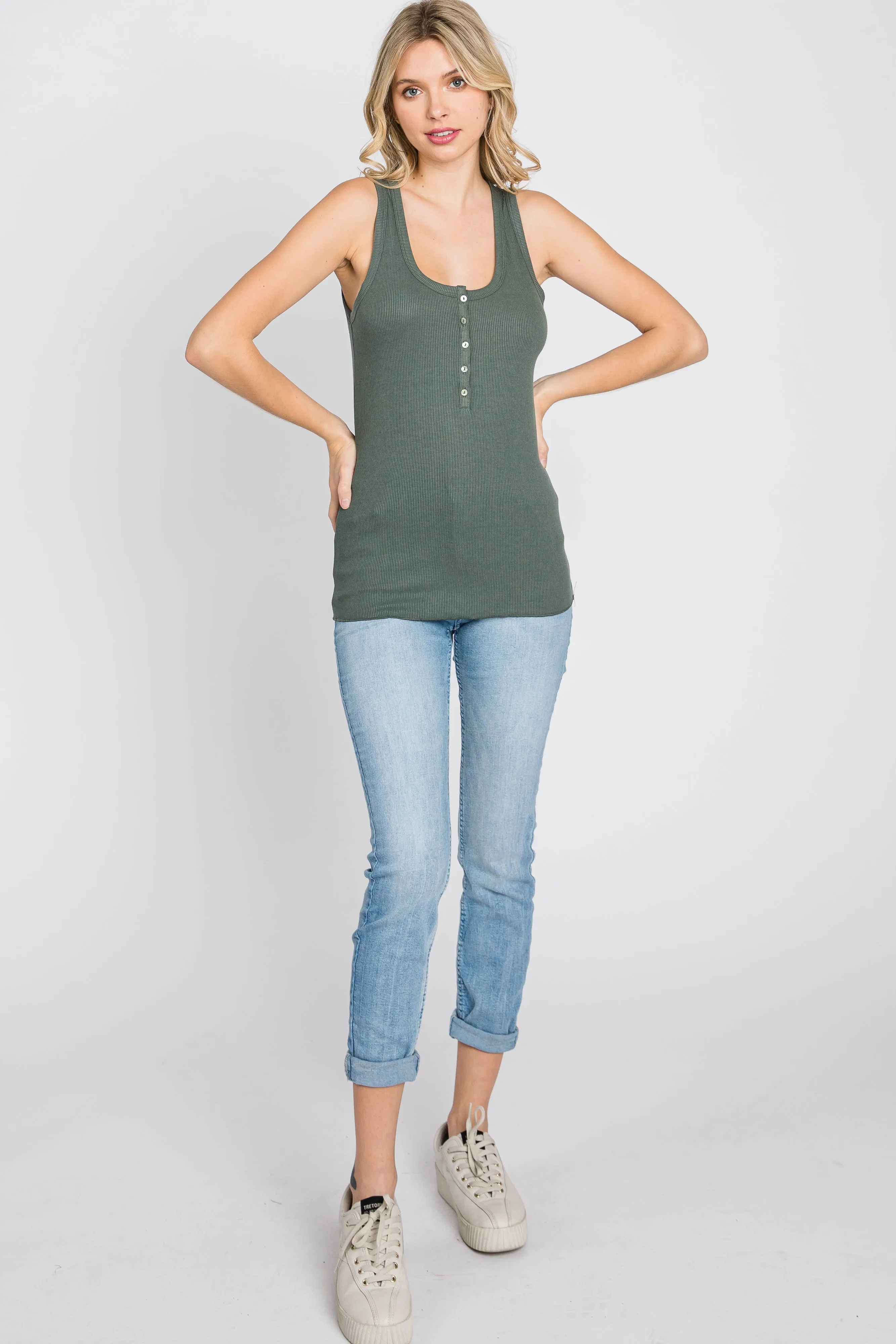 Olive Ribbed Button Front Tank Top sold by Pinkblush product image thumbnail 2
