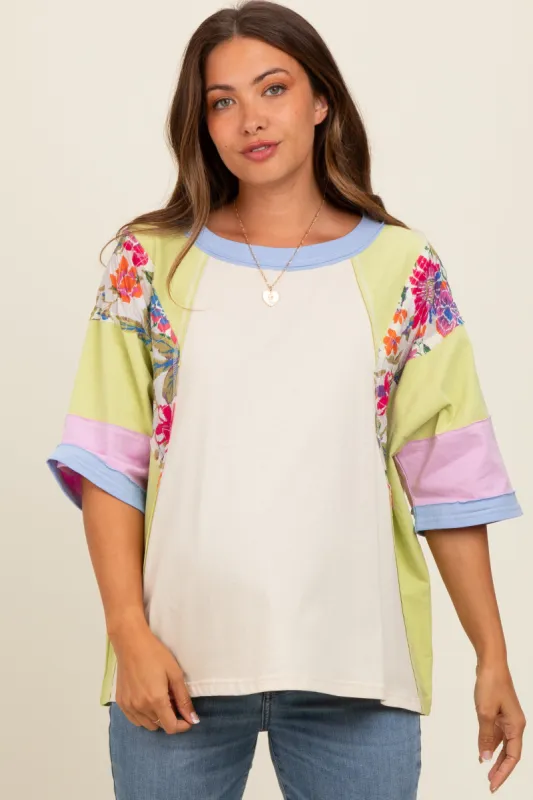 Lime Floral Colorblock Raw Hem Maternity Oversized Top sold by Pinkblush